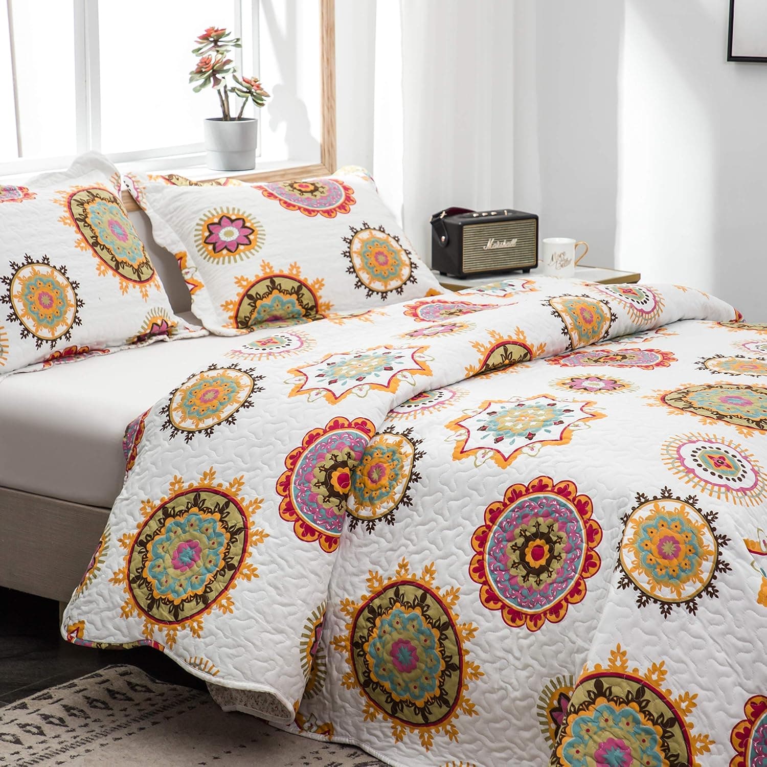 AYSW Quilt Set 3 Pieces Queen Size Bohemian Style for All Season Use Coverlet Set Retro Sunflower Pattern