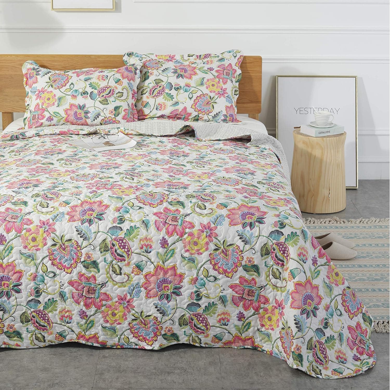 AYSW Quilt Set 3 Piece Bedspread Coverlet Queen Size Durable and Breathable for All Season Vintage Style Floral Pattern