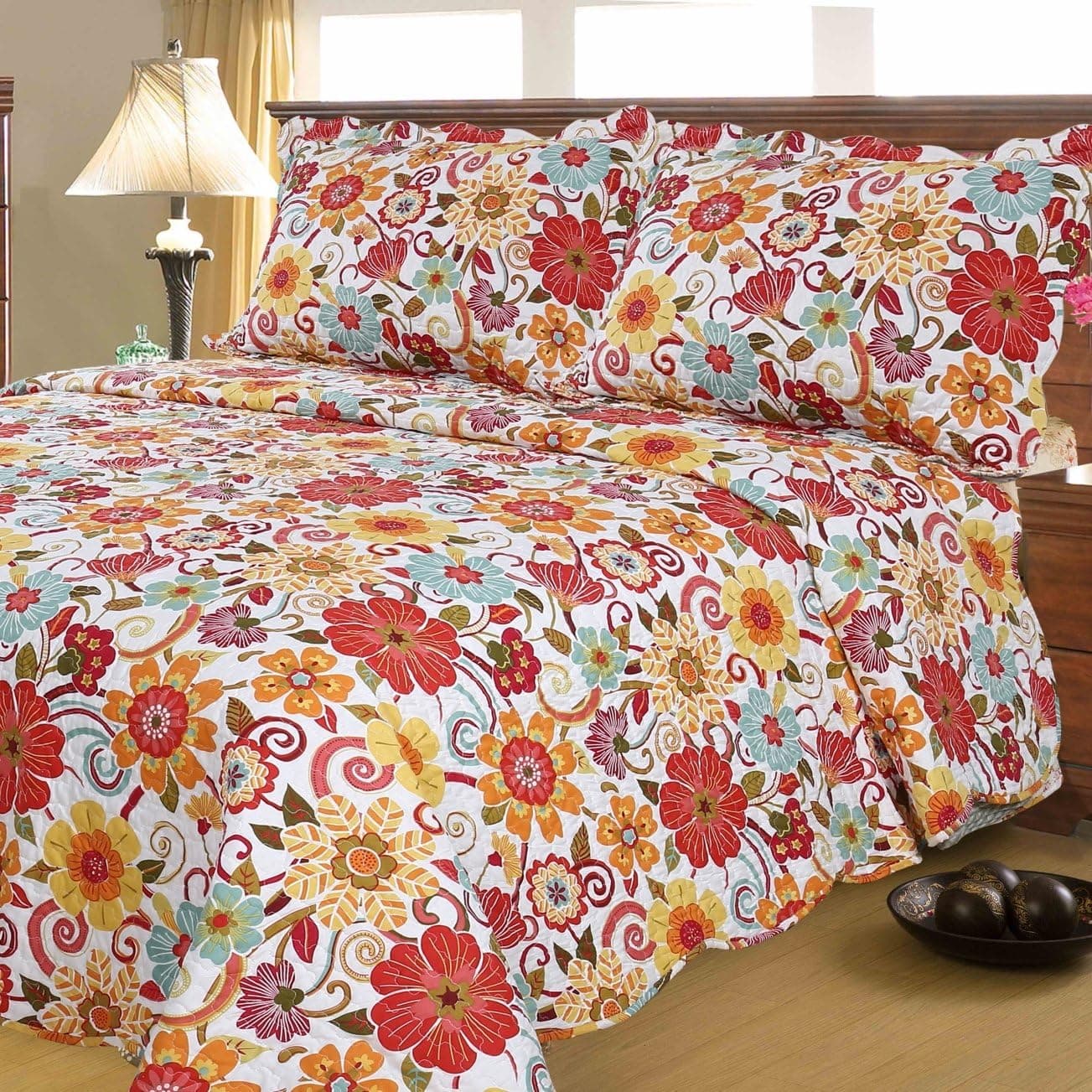 AYSW Quilt Set 3 Pieces Queen Size Bedspread Coverlet Durble and Breathable Quality Material for All Season Floral Orange Flower Pattern