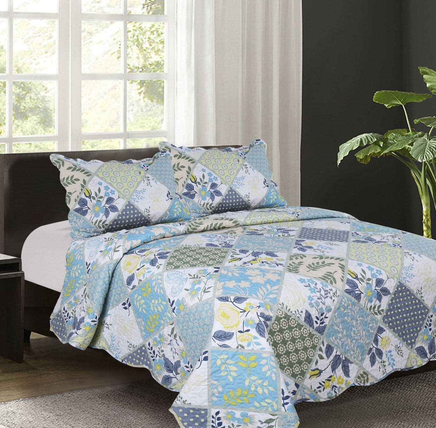 All Season Bedspread 3 PCS Revisible Printed Floral Lightweight Quilt Set Embroidered Bedspread Coverlets Bed Throw with 2 Shams Hypoallergenic Vintage Style (230x250)CM (Double/King Pattern #5)