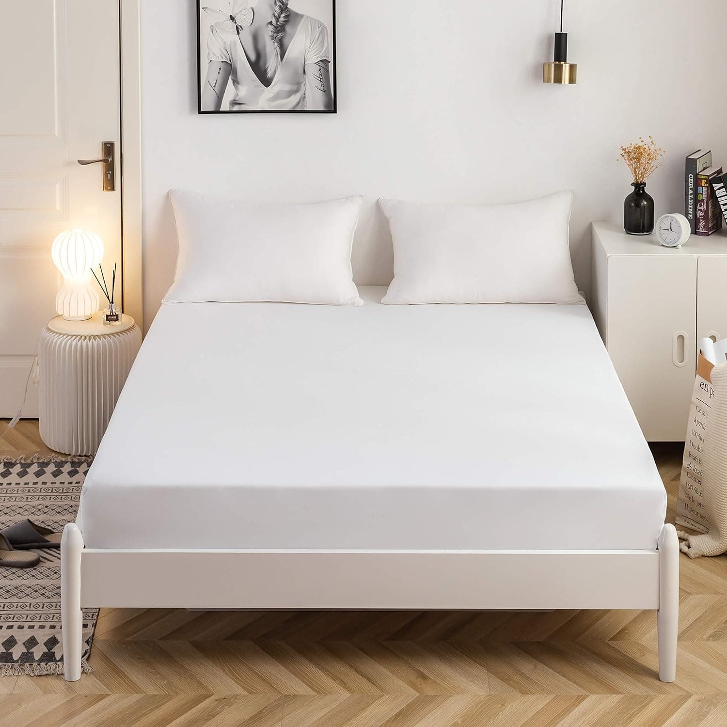 AYSW Sheet Cover 160x200cm avec Bonnet 30cm White Sheet Cover 100 GSM en Microfiber de Haute Qualité 100% Polyester Doux, Résistant, Anti Plis
