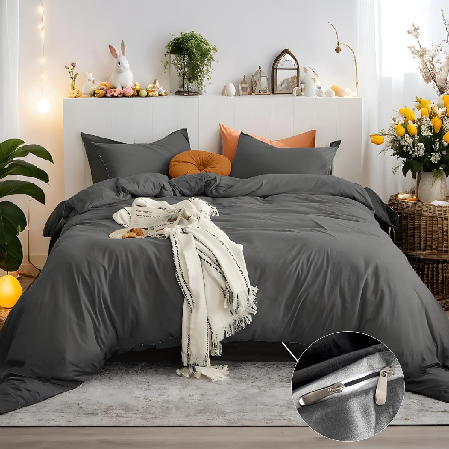 AYSW Bedding Single Duvet Cover Set 2 PCS Plain Brushed Microfiber Bedding 1 Duvet Cover with 2 Zippers and 1 Pillowcases Grey