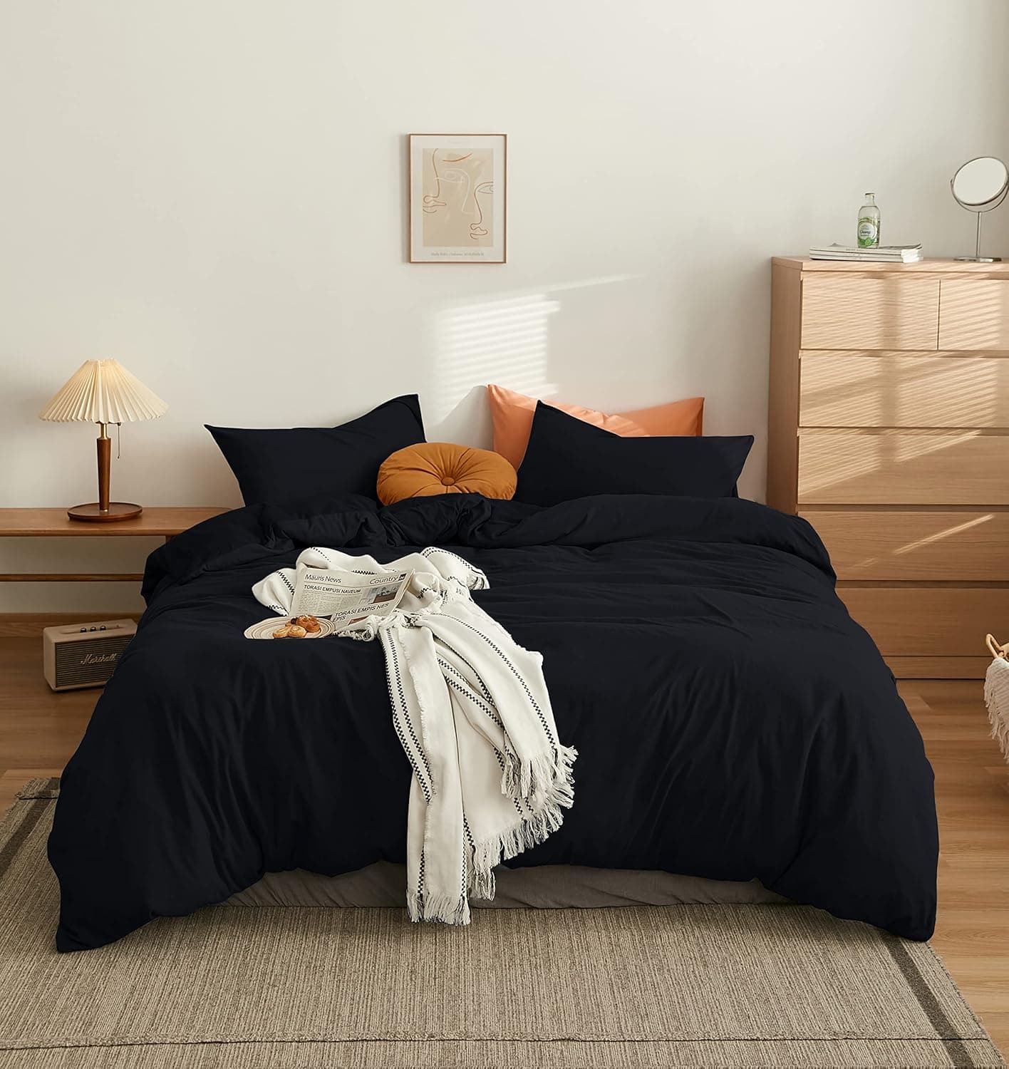 AYSW Cover de Duvet 140x190/200cm+1 Taies d'oreillers 65x65cm Black Parure de Lit 1 Personnes 100 Fils/cm² en Microfiber avec Fermeture Éclair