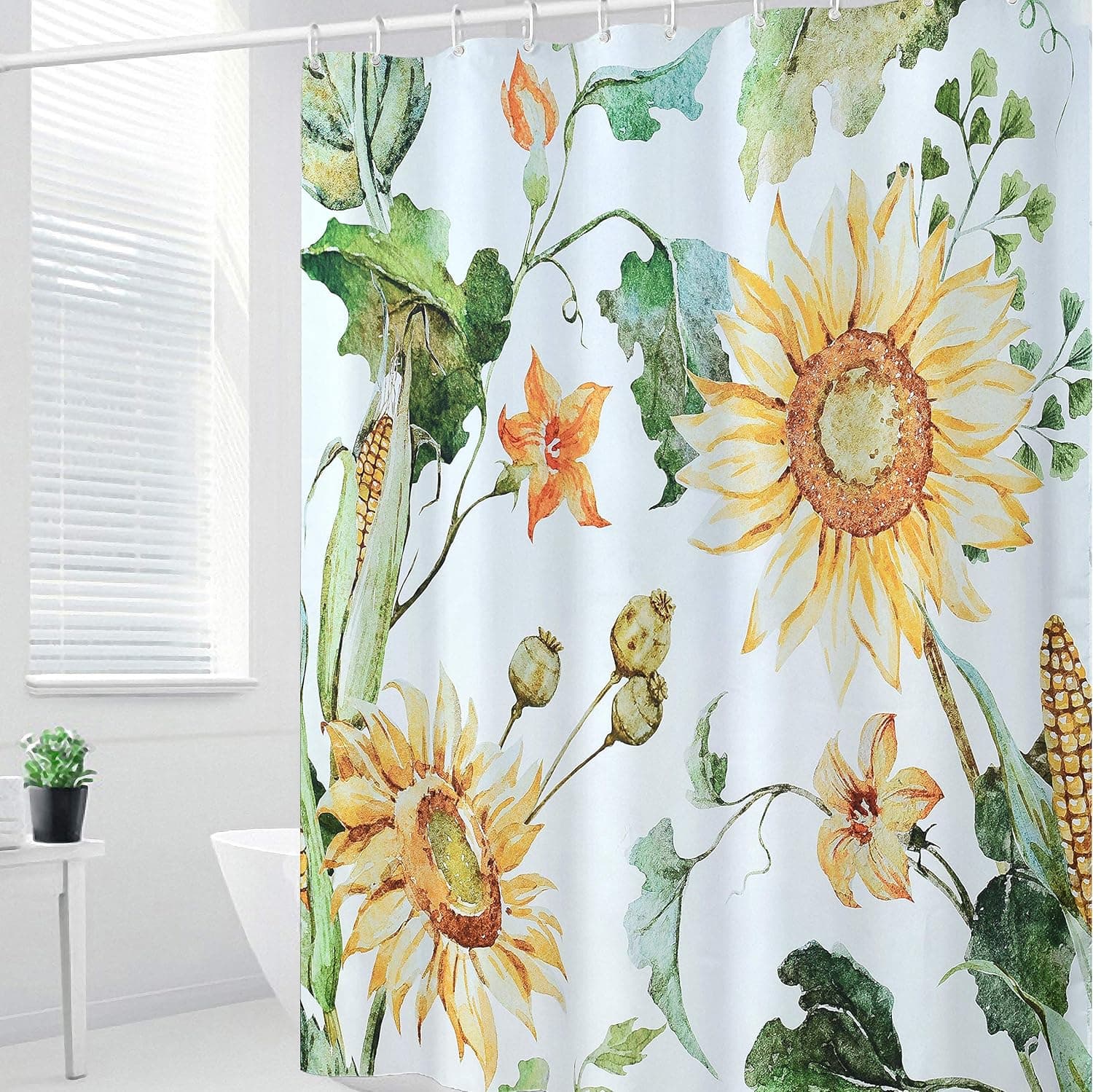 Shower Curtain 72 by 72 inches with Floral Pattern Waterproof Durable Dacron Fabric with 12 Curtain Hooks Sun Flower