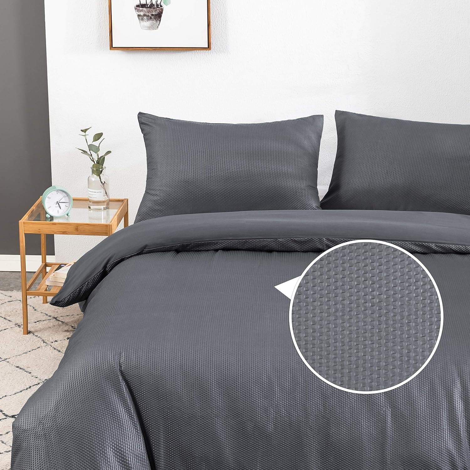 Duvet Cover Double Waffle Design Bedding Set 3 PCS Mcrofiber Grey
