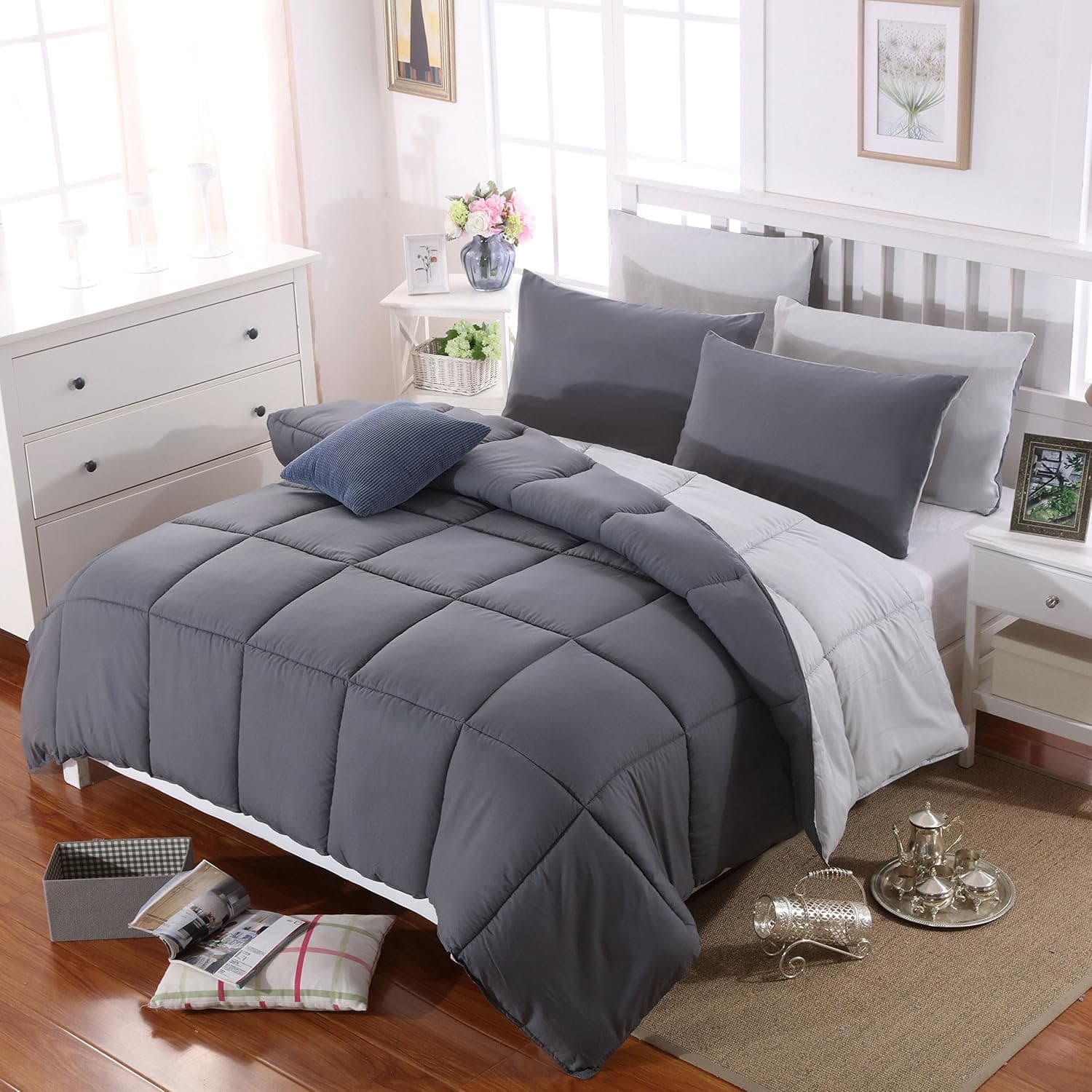 AYSW Duvet Bicolore Chaude l'hiver 450g/m² Épais 140x200cm Hypoallergénique Grey Dark + Grey Light Duvet de Lit Réversible 1 Personnes Edredon