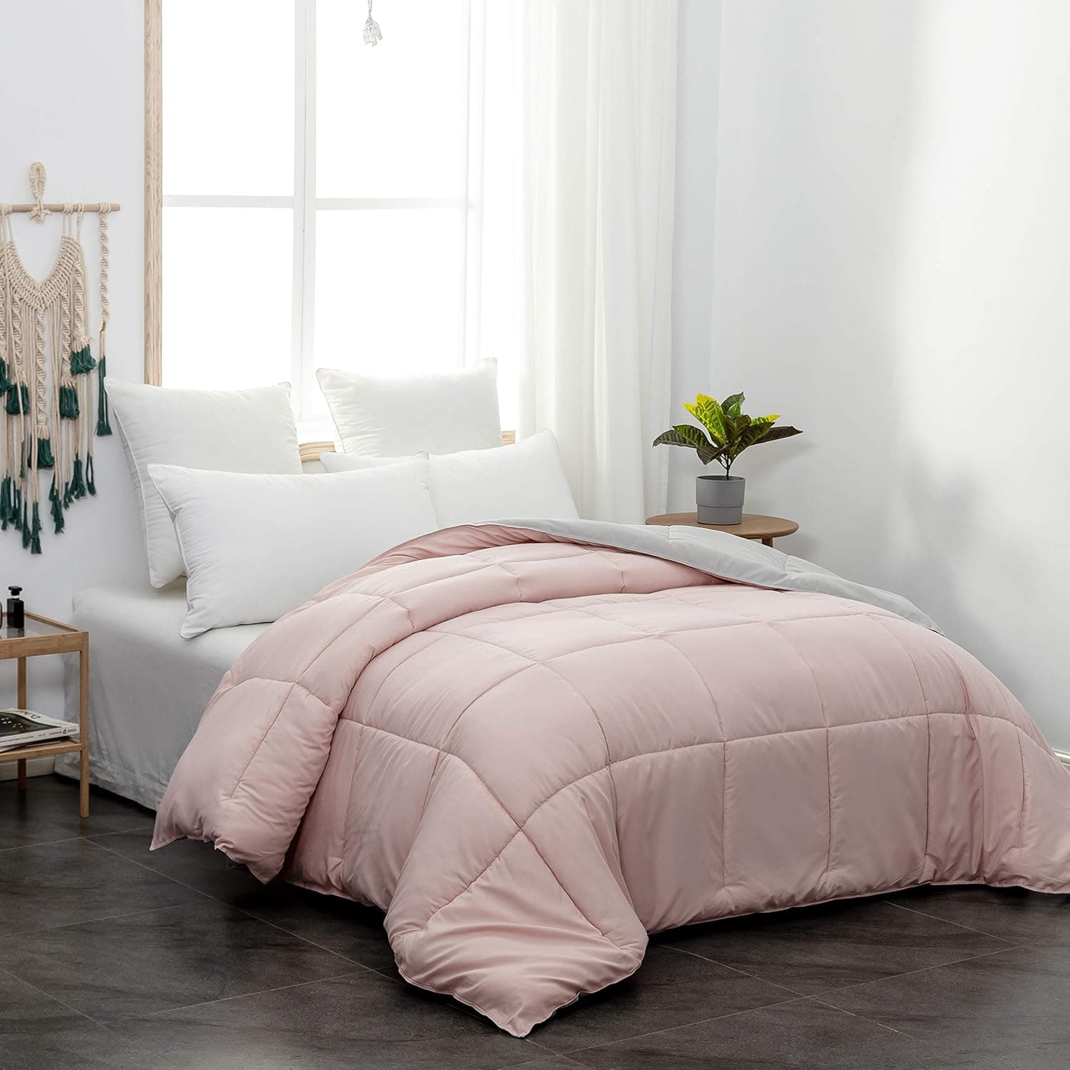 Bettdecke 220x240 cm - Quilted Steppbettdecke antiallergisch für Allergiker 100% Microfaser Ganjahresdecke Bettdecke Double Face Rosa/Rauch