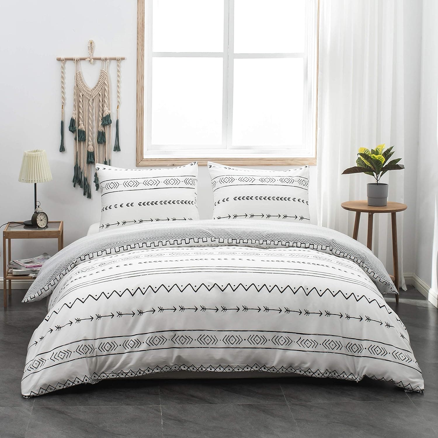AYSW Duvet Cover Set Cotton Queen 3 Pieces Luxury Bedding White Bohemian Style Ultra Soft, Breathable and Durable Classical Printed Pattern with 4 Corner Ties