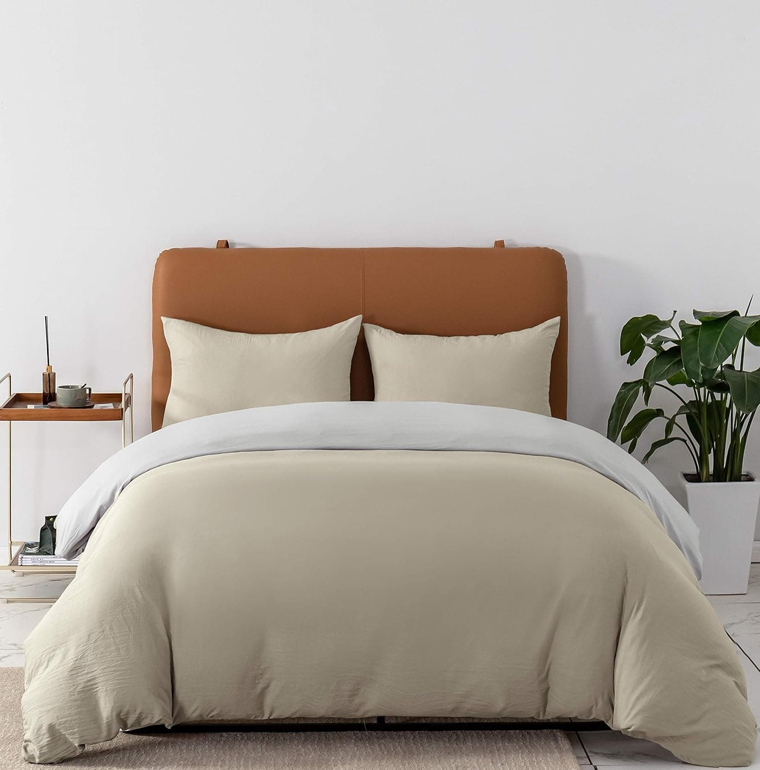 Zippered Duvet Cover Double Set with Zippered Pillowcases Bedding Set 50% Polyester 50% Cotton Beige + Light Grey