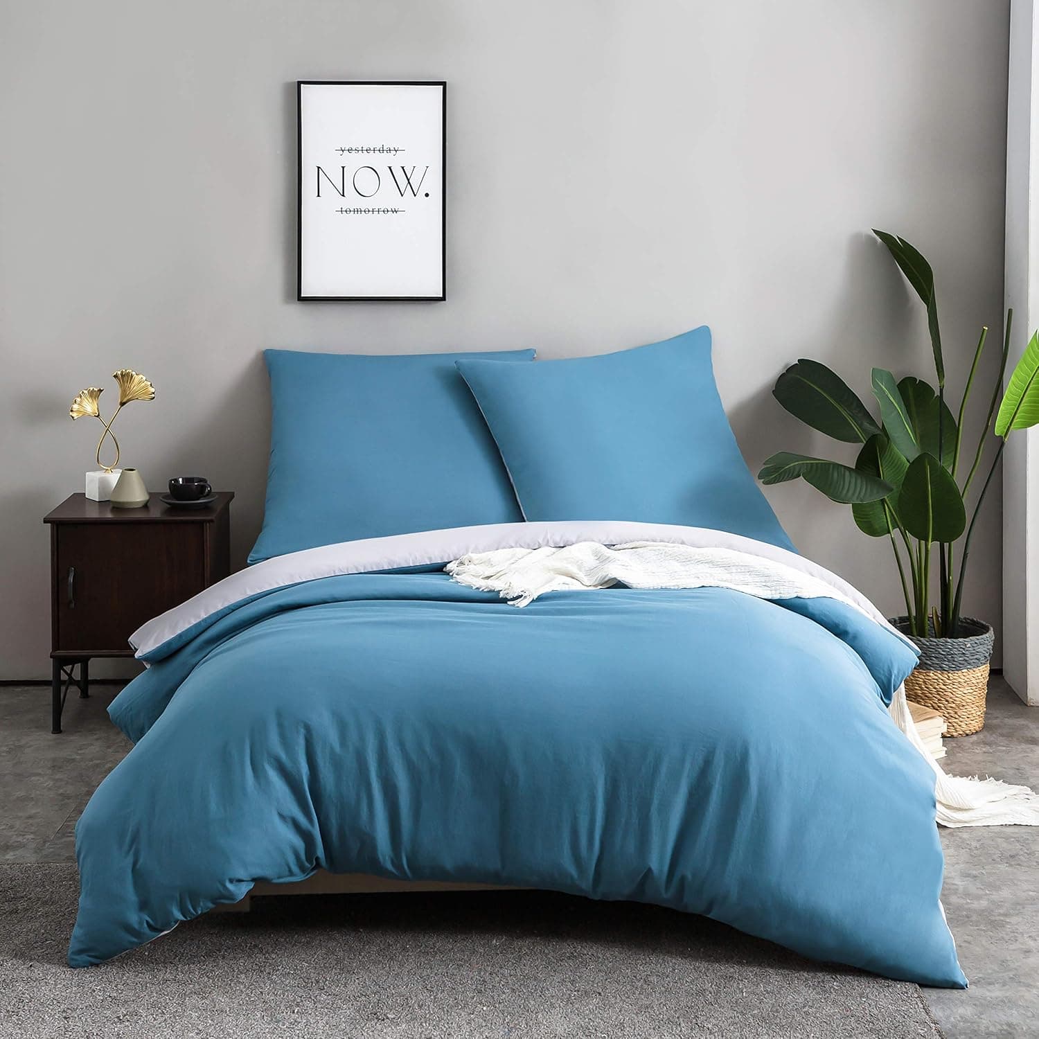 2teilig Bettwäsche 50% Cotton mit Reißverschluss - 135x200cm und 80x80cm Kissenbezug | Blue/hellgrau