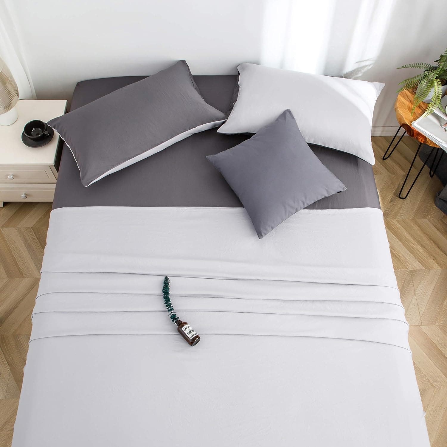 Bed Sheet Set Queen 4 Pieces Size 50% Cotton Washed Microfiber Super Soft and Breathable Bedding Comfortable Hypoallergenic Resistant Fade Wrinkle Resistant Light Grey/Dark Grey