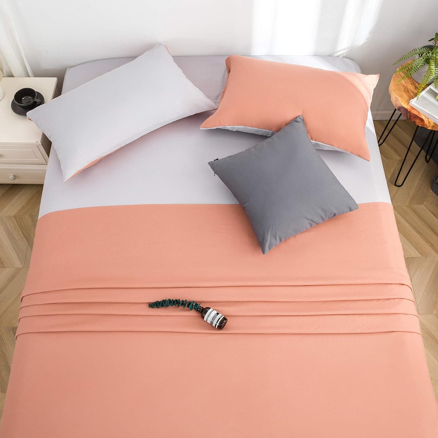 L&son Bed Sheet Set Queen 4 Pieces Size 50% Cotton Washed Microfiber Super Soft and Breathable Bedding Comfortable Hypoallergenic Resistant Fade Wrinkle Resistant Vintage Pink/Grey