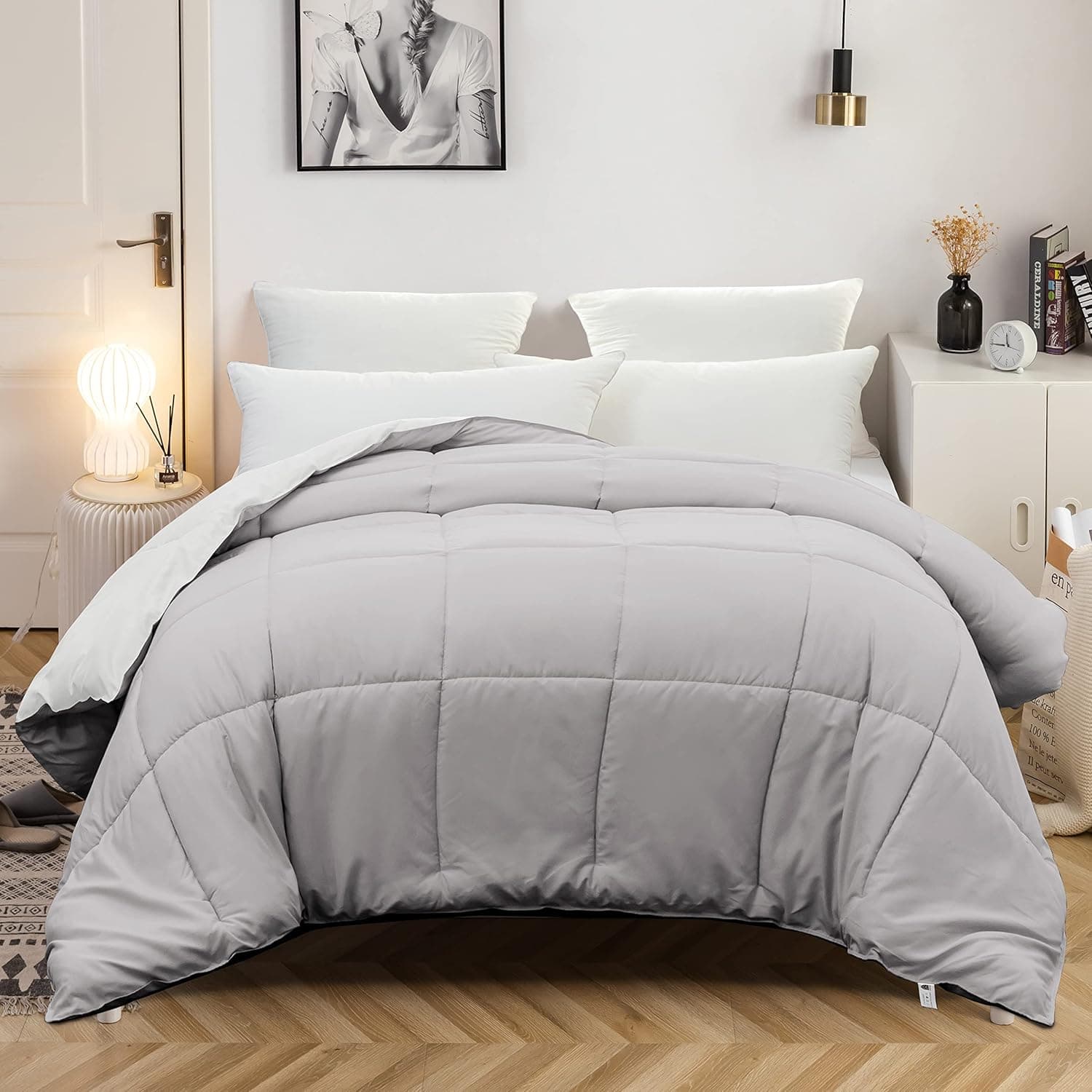 AYSW Duvet Bicolore Chaude l'hiver 450g/m² Épais220x240cm Hypoallergénique Grey Light + White Duvet de Lit Réversible 2 Personnes Edredon