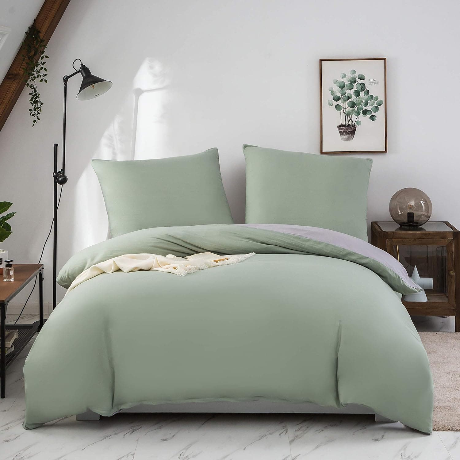 QZY Cover de Duvet Réversible 200x200 / 80x80x2 cm Green + Grey Parure de Lit Bicolore pour 2 Personnes Fermeture Éclair Sets de Cover Duvet