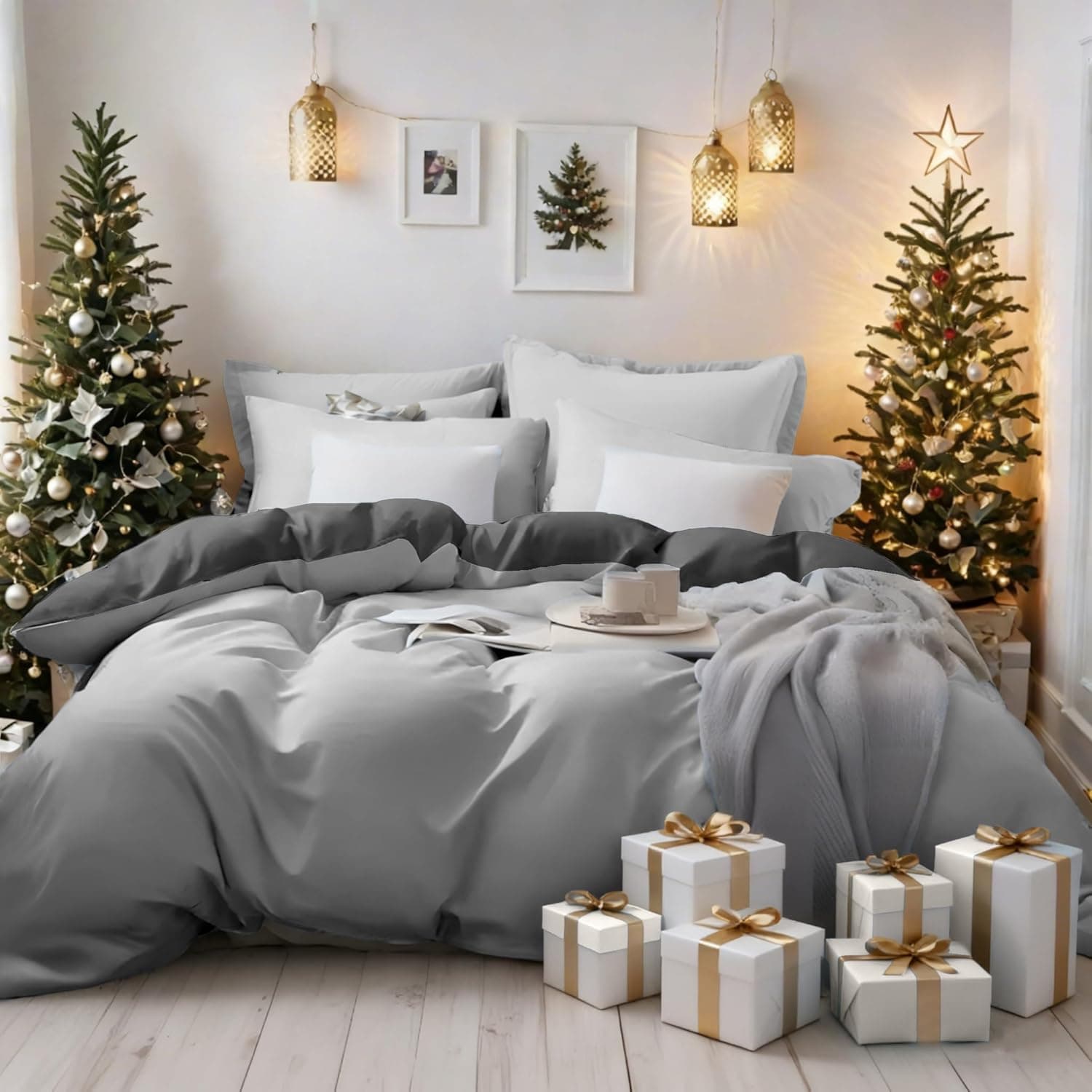 AYSW Bedding King Duvet Cover Set Plain Brushed Microfiber Bedding 1 Duvet Cover with 2 Zippers and 2 Pillowcases Dark Grey+Light Grey