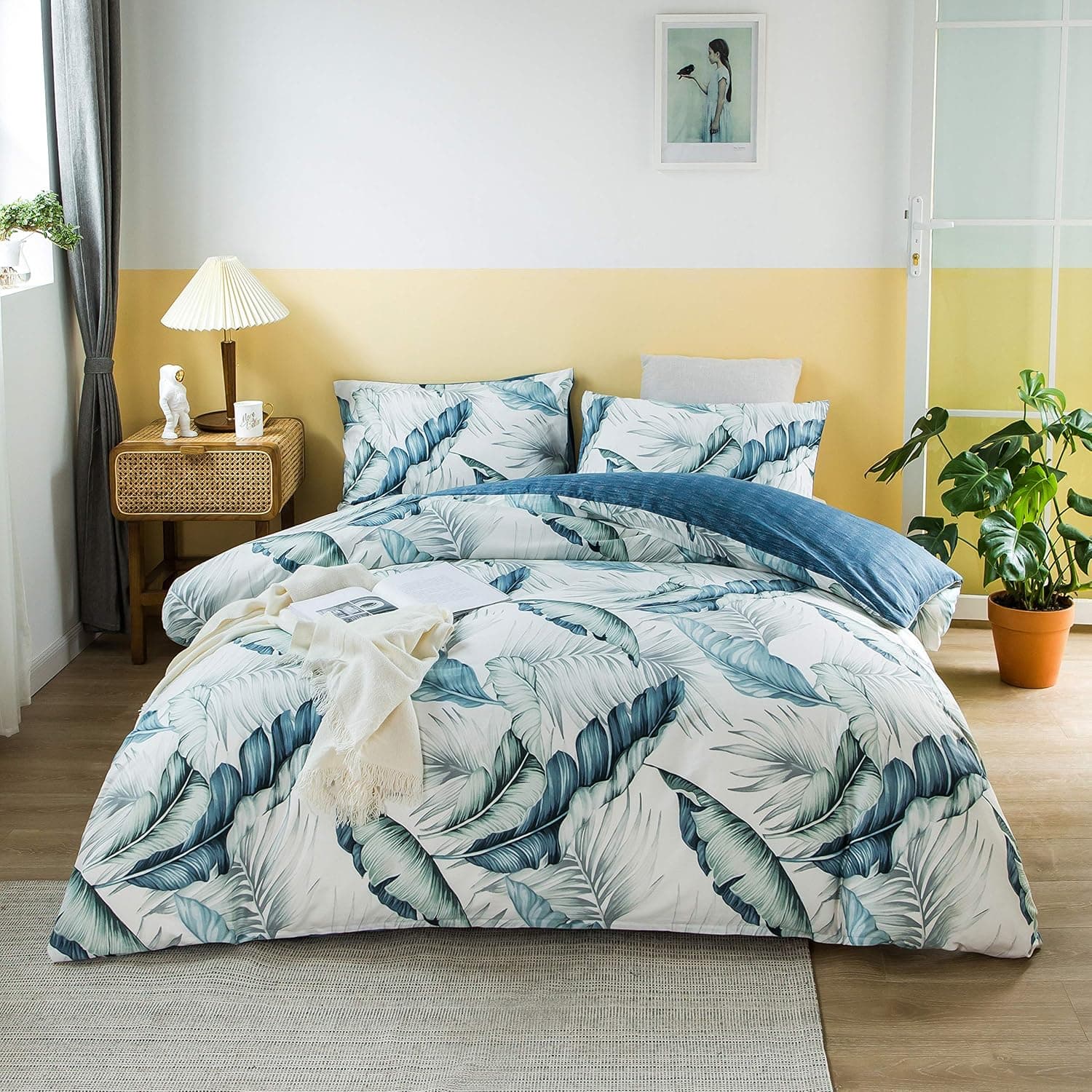 AYSW Duvet Cover Set Cotton Queen 3 Pieces Luxury Bedding Blue Leaves Ultra Soft, Breathable and Durable Classical Printed Pattern with 4 Corner Ties