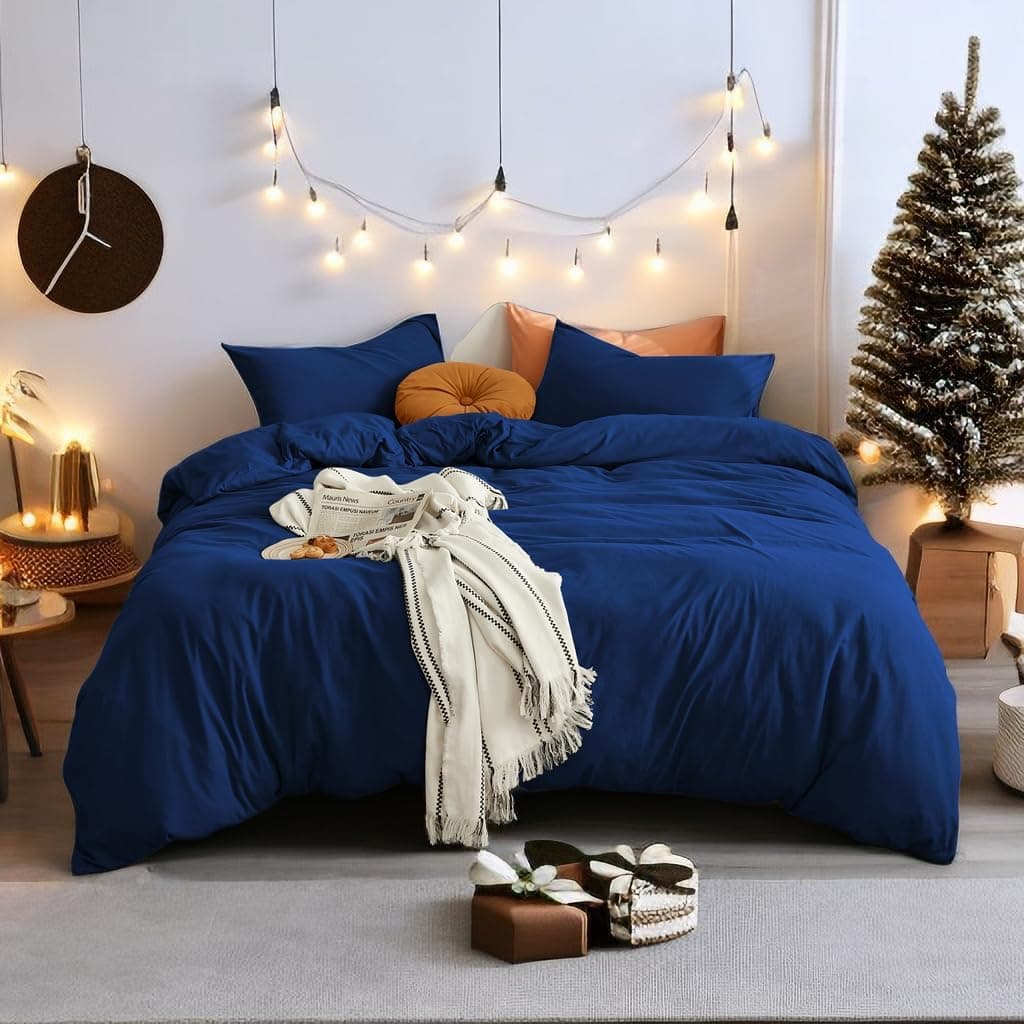 AYSW Bedding Double Duvet Cover Set Plain Brushed Microfiber Bedding 1 Duvet Cover with 2 Zippers and 2 Pillowcases Navy