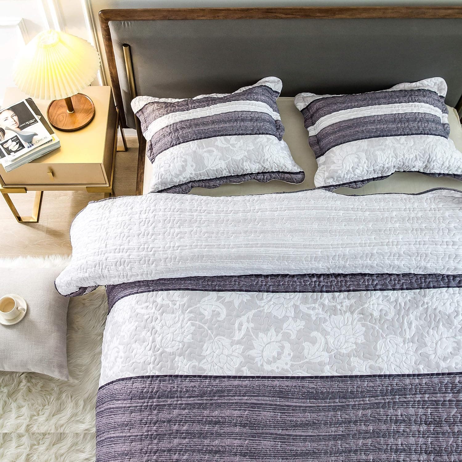 AYSW Quilt Set 3 Pieces King Size Soft and Breathable for All Season Bedspread Coverlet Set Grey and White Pattern