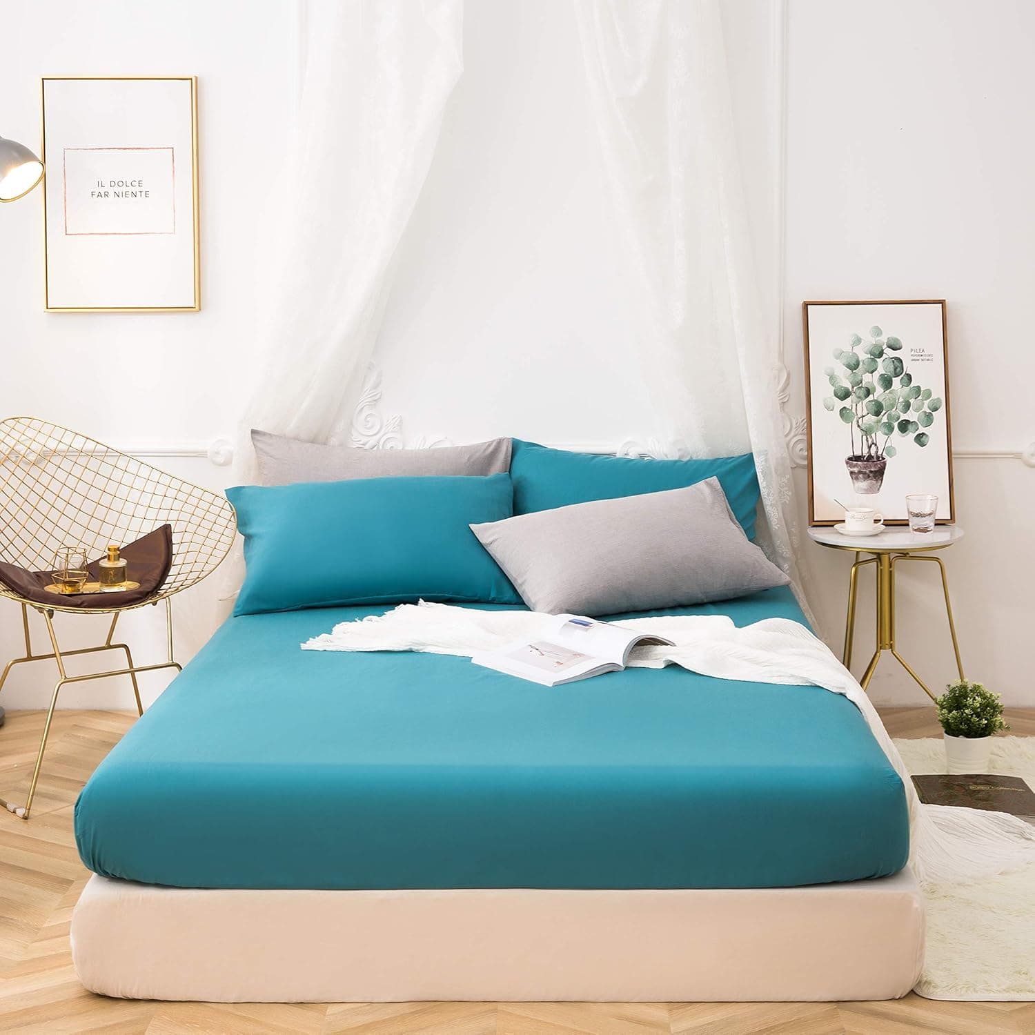 AYSW Spannbettlaken Seeblau, 100% Weiche Microfiber, 160 x 200 x 30 cm, Hohe Qualität Spannbetttuch 120g/m²