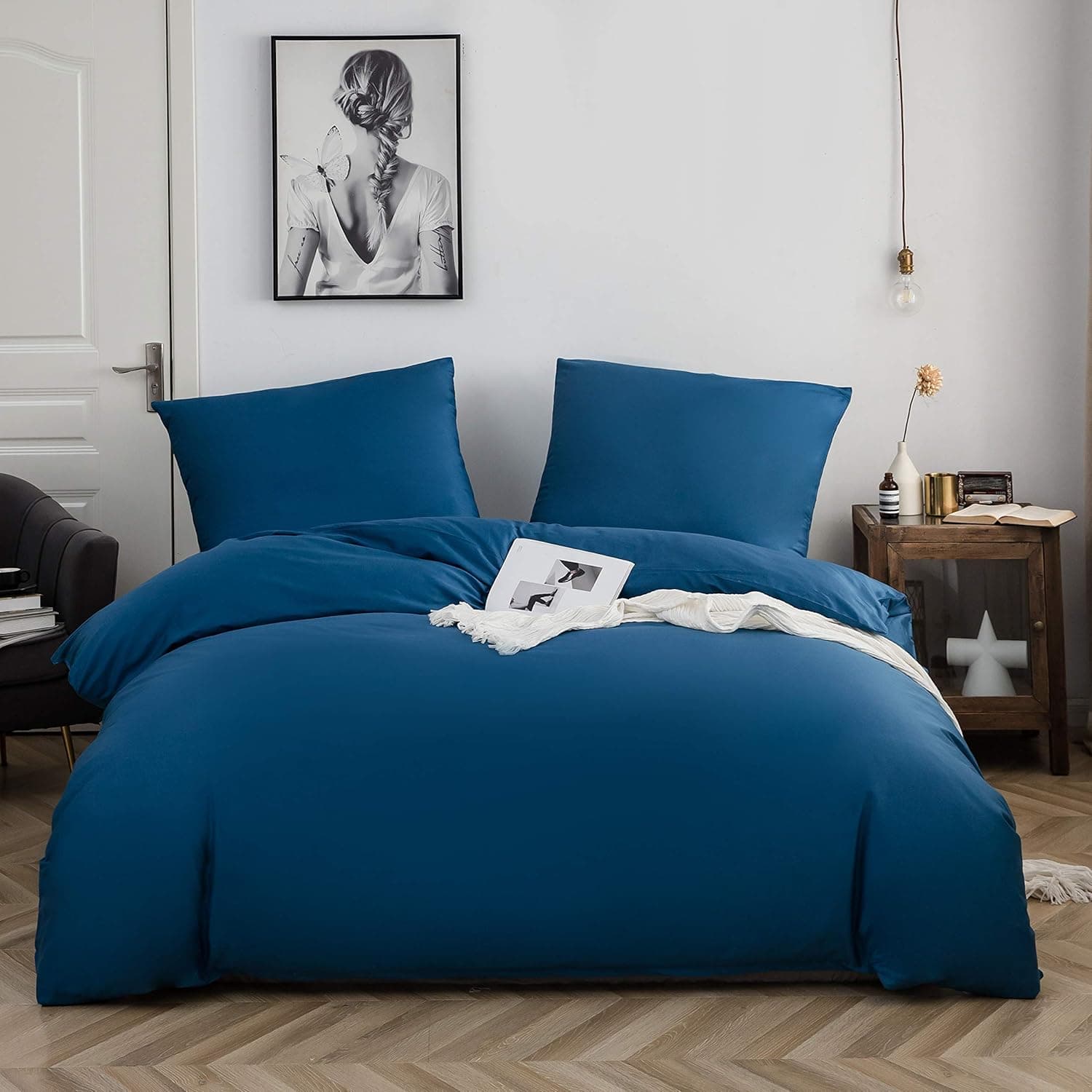 Cotton Bettwäsche 200x220 cm Denimblau 3er Set 1 Bettbezug mit 2 Kopfkissenbezug 80x80 cm