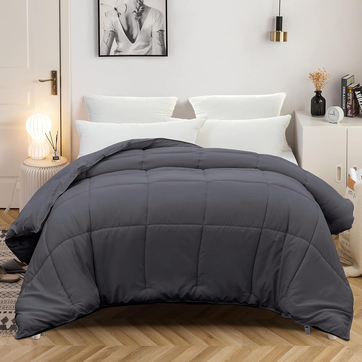 AYSW Duvet Flannel légère 220x240cm Hypoallergénique Rayures en Relief Duvet de Lit Grey Réversible 2 Personnes Edredon