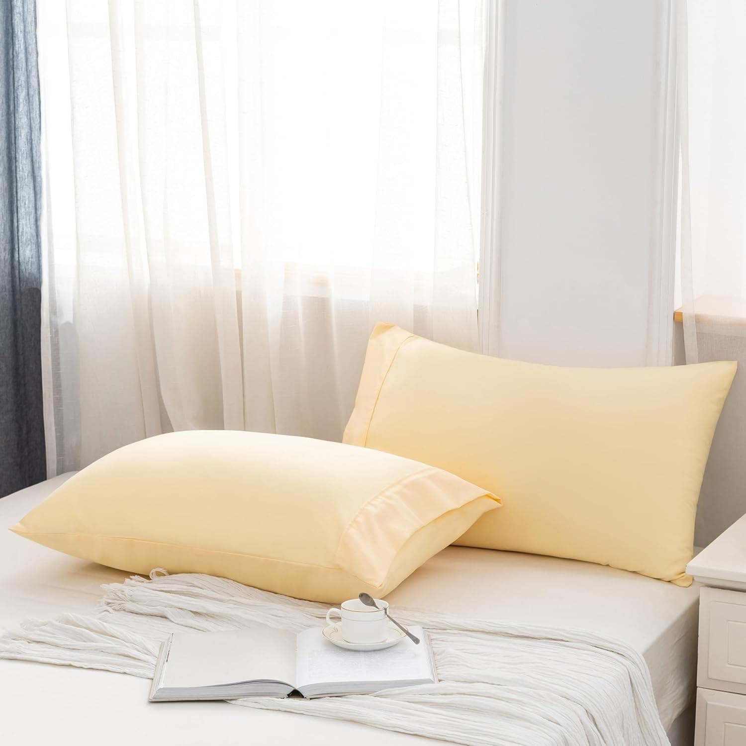 AYASW Pillowcases Queen Size 2 Pack Premium Soft and Cozy 1800 Double Brushed Microfiber with Envelope Closure Pillow Case Light Yellow 20x30 inch Wrinkle Fade Stain Resistant Holiday Décor