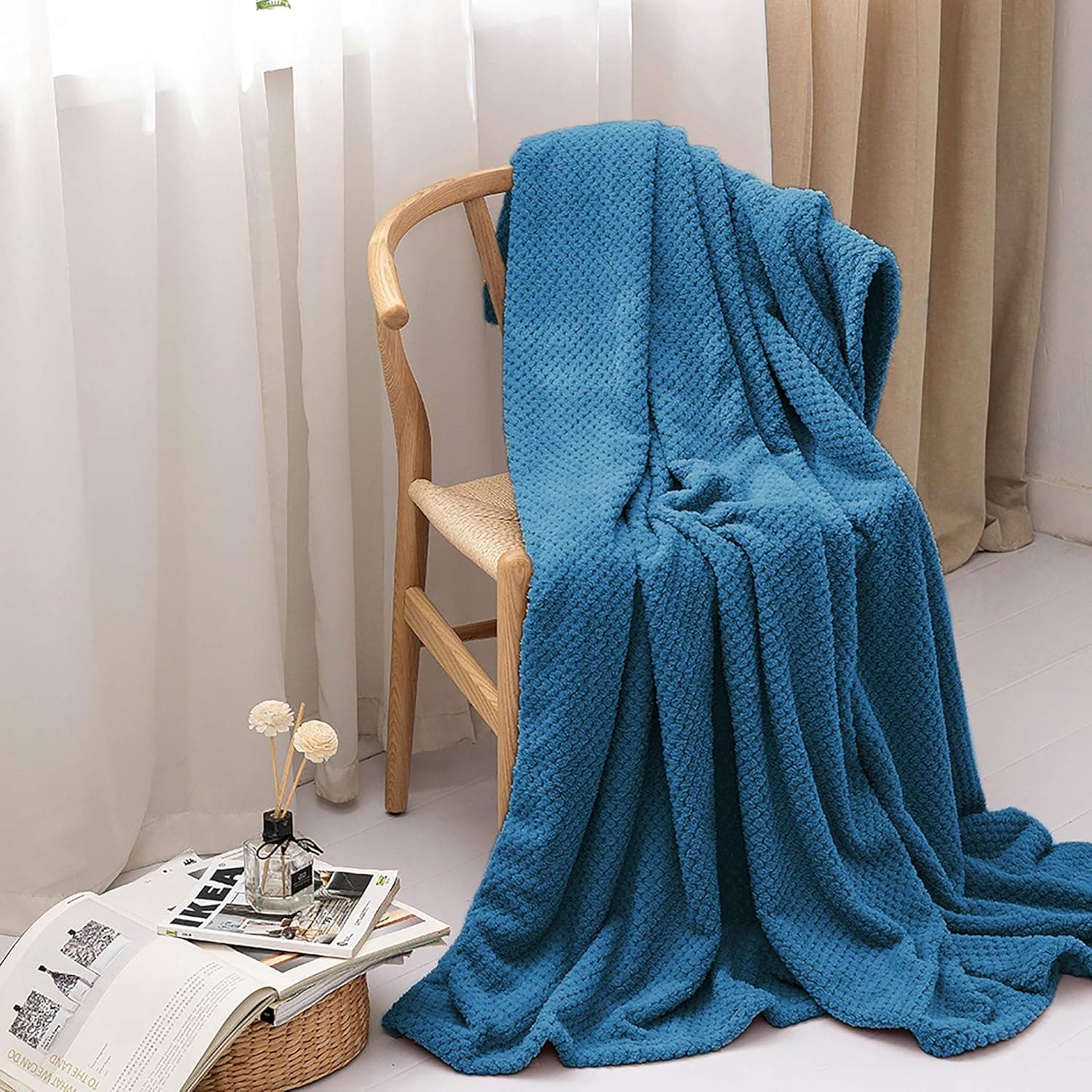 240GSM Kuscheldecke Wohndecke 220x240cm hochwertige Flauschige Waffelpique Decke Seeblau - weiche Microfaser Flannel Sofadecke