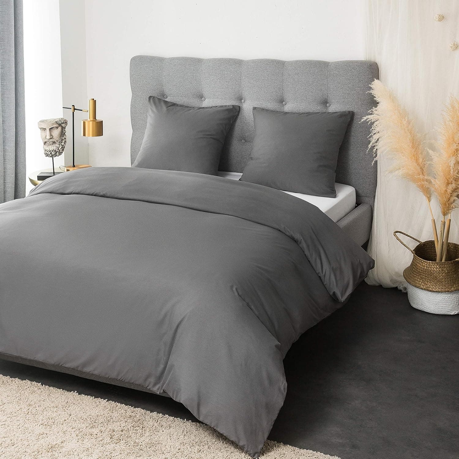 AYSW Set Copripiumino Matrimoniale in Microfibra - 1 Copripiumino 250x200 Grigio in Microfibra + 2 federe 50x80cm Grigio