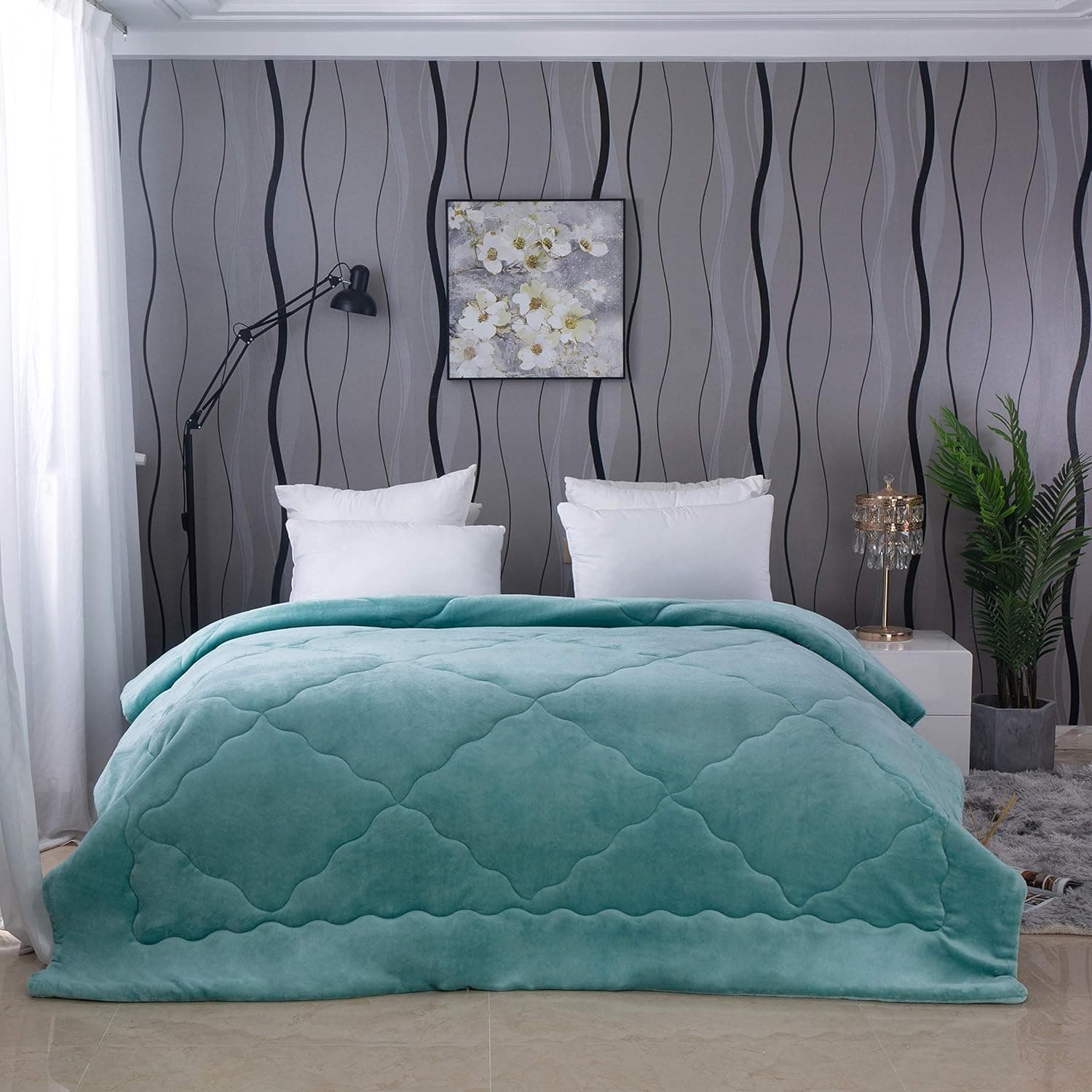 Bettdecke mit Flannel Fleece 200x200cm, Microfiber Steppdecke mit Füllgewicht Ca.2400g, Seeblau