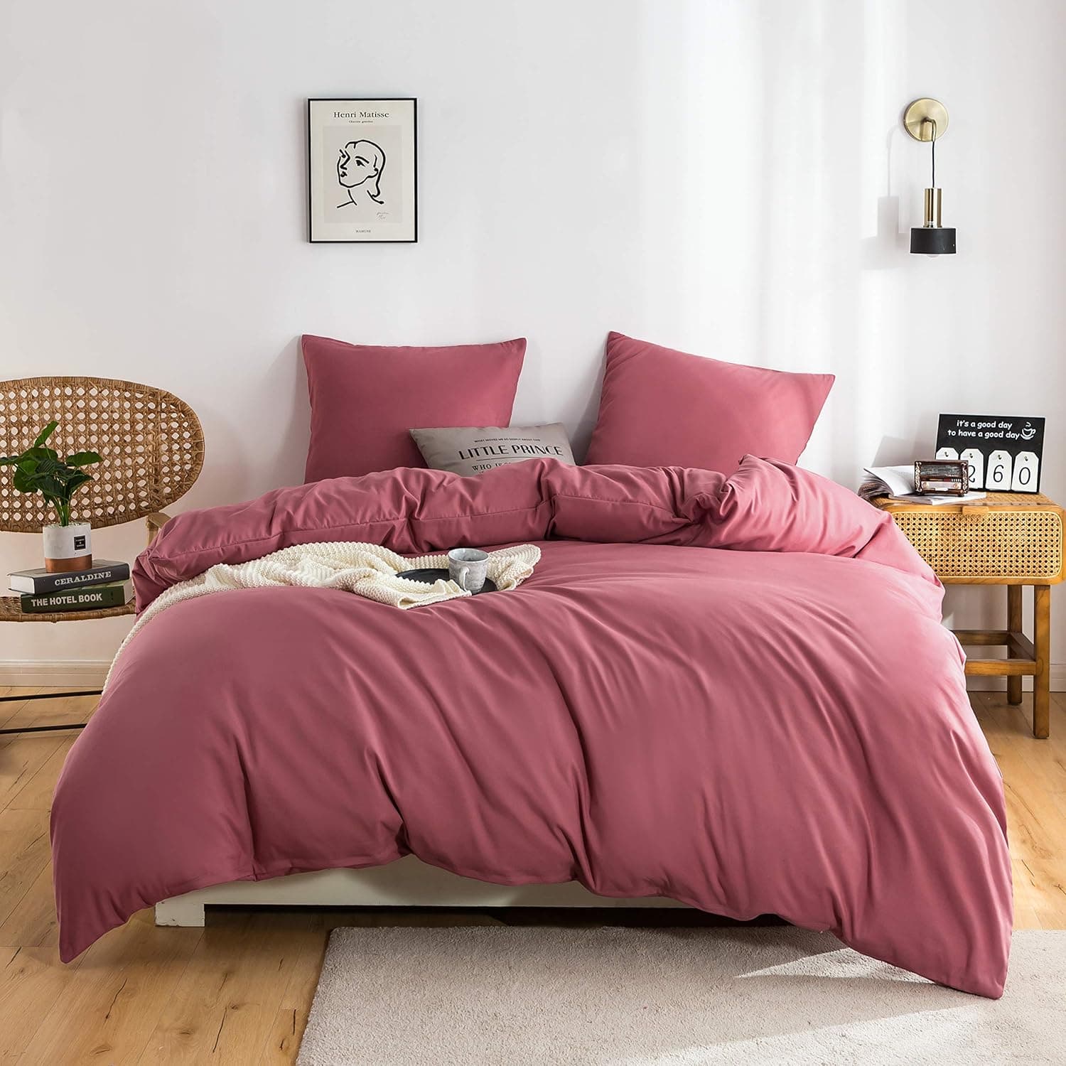 Cover de Duvet 200x200cm + Taies d'oreillers 80x80x2 cm Vieux Pink 120 Fils/cm² Parure de Lit 2 Personnes avec Fermeture Eclaire