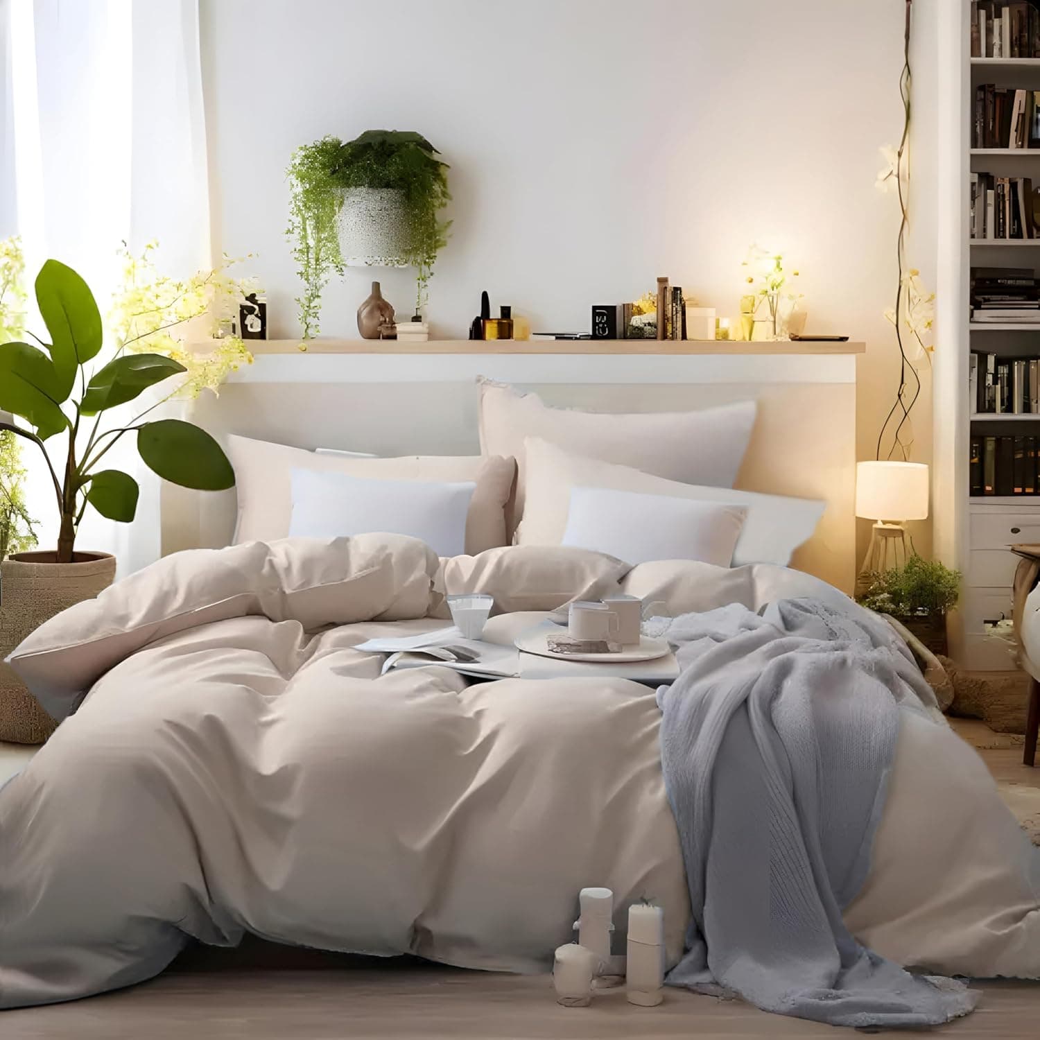 AYSW Bedding Double Duvet Cover Set 3 PCS Plain Brushed Microfiber Bedding 1 Duvet Cover with 2 Zippers and 2 Pillowcases Cream/Beige