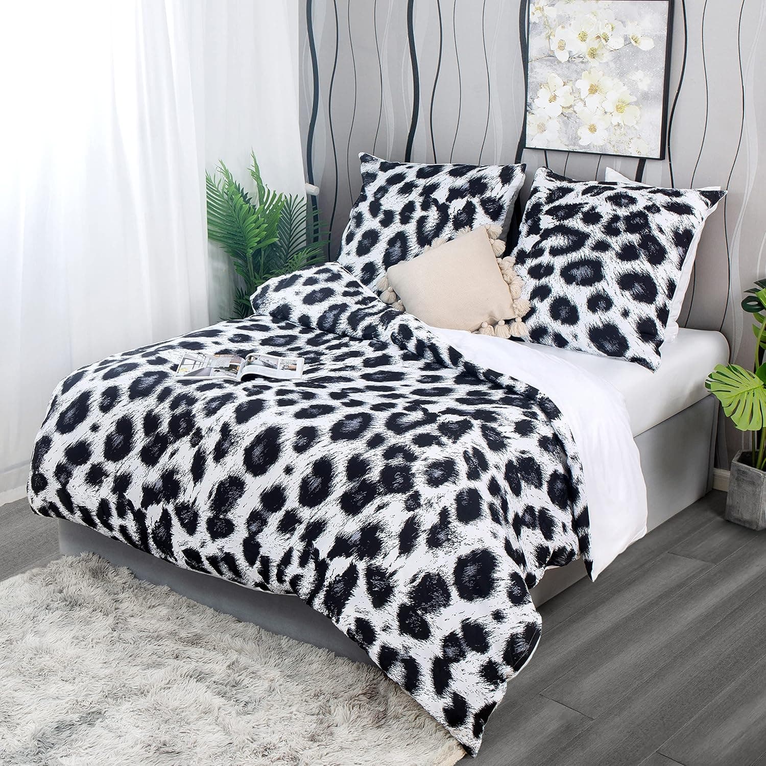 AYSW Bettwäsche 200X200 cm Microfiber Leopard Black und Weiß 3 Teilig weiche Bettbezug mit Reißverschluss und 2 Kissenbezüge 80 x 80 cm