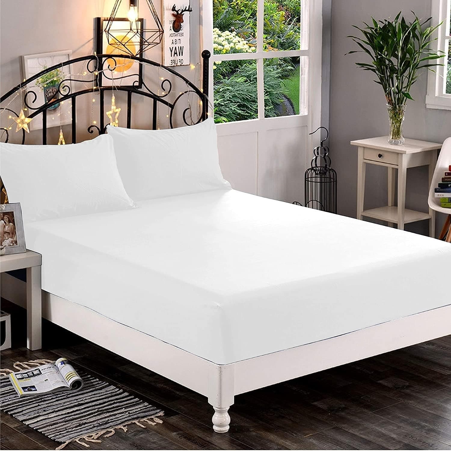 AYSW King Fitted Sheet Polyester/Brushed Microfiber with 40cm Deep Pocket and 360° all-around elastic White