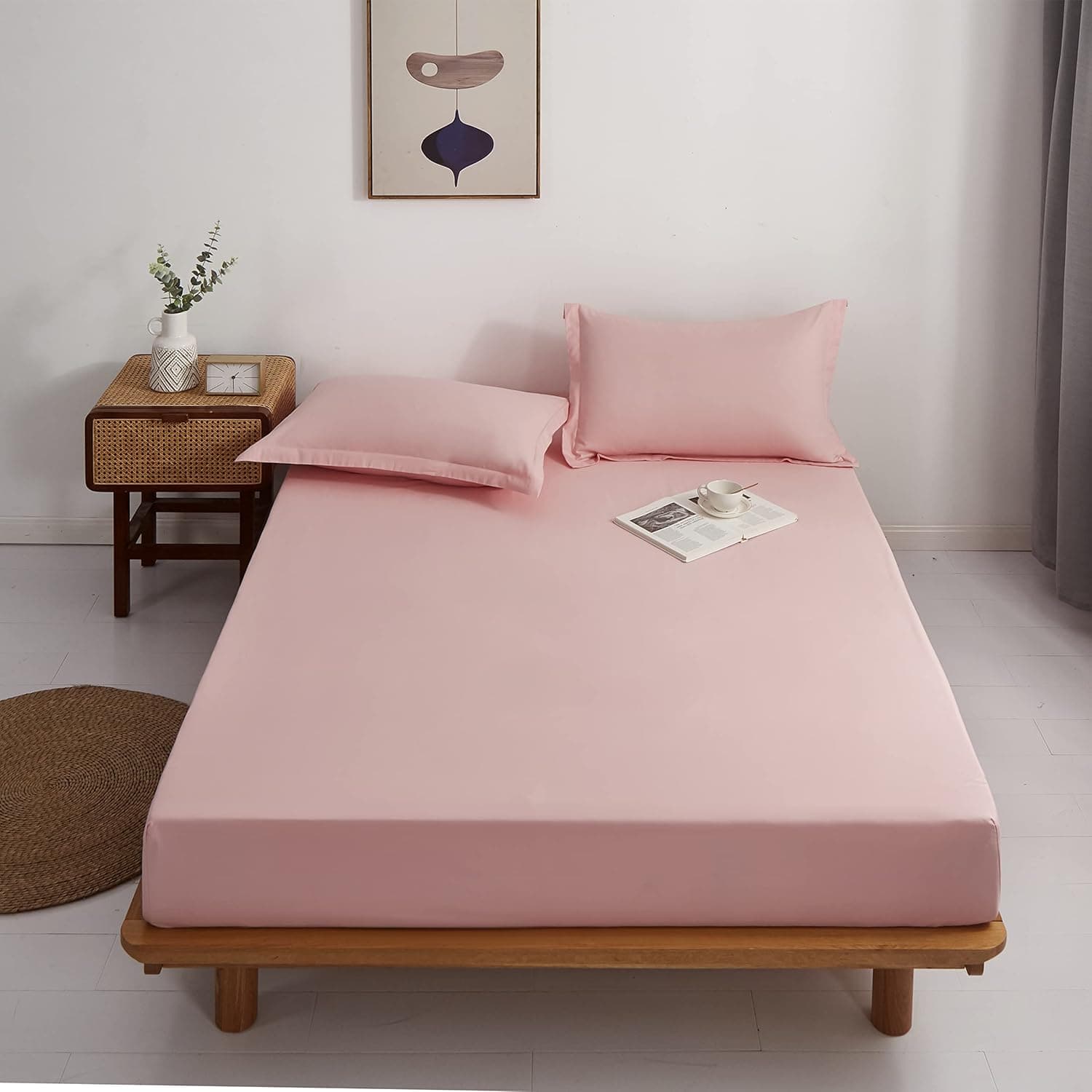 AYSW King Fitted Sheet Polyester with 40cm Deep Pocket and 360° all-around elastic NO Pillowcases Pink