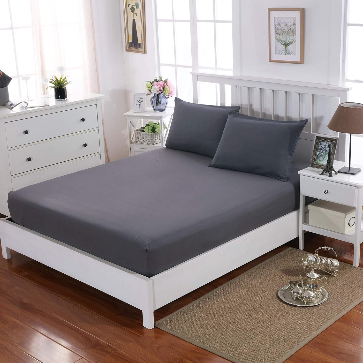 AYSW Double Fitted Sheet Polyster with 30cm Deep Pocket and 360° all-around elastic NO Pillowcases Grey