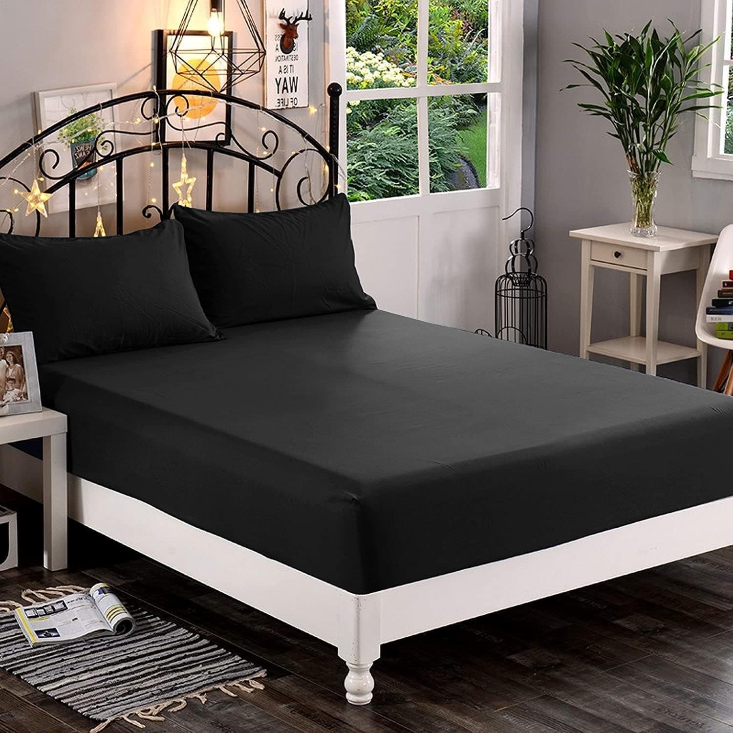 AYSW King Fitted Sheet Polyster with 40cm Deep Pocket and 360° all-around elastic NO Pillowcases Black