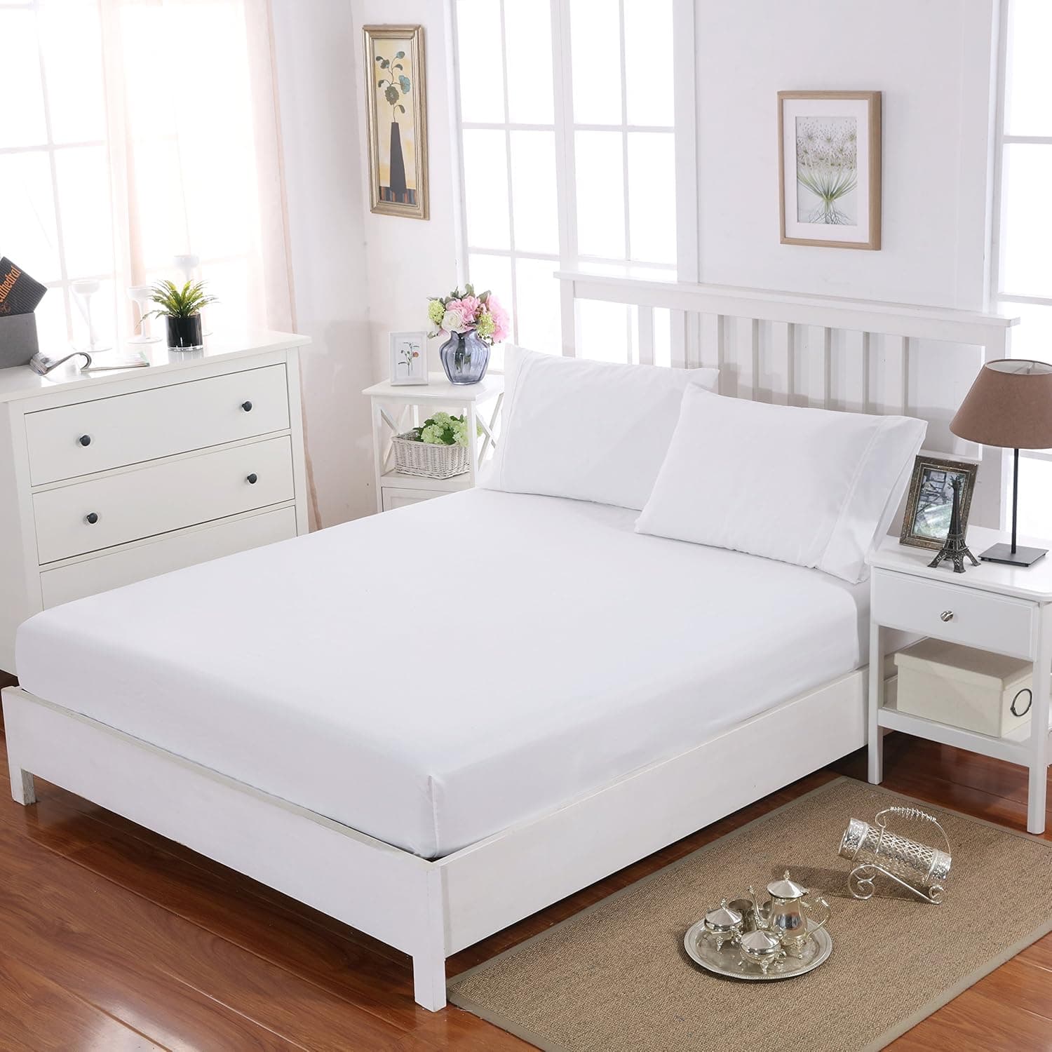 AYSW Double Fitted Sheet Polyester with 30cm Deep Pocket and 360° all-around elastic NO Pillowcases White