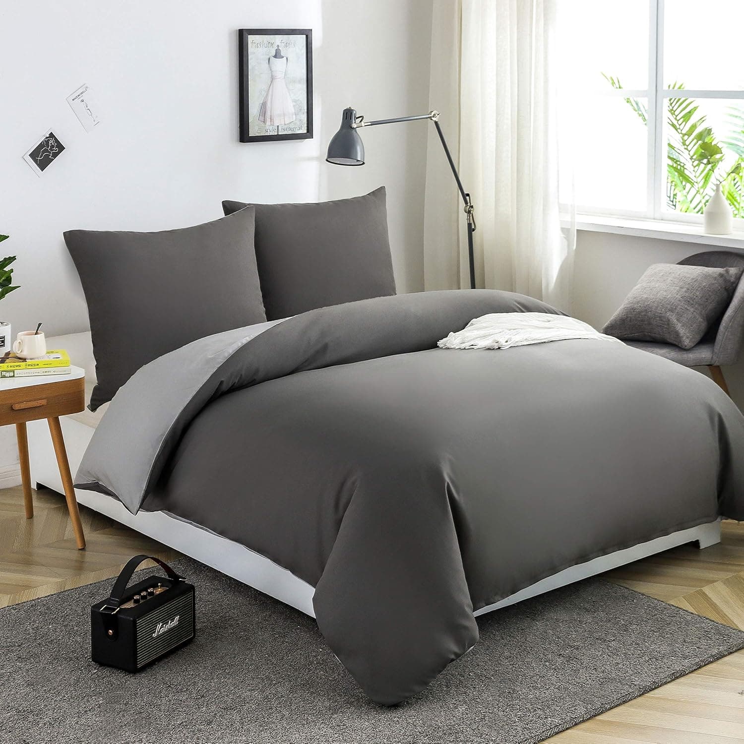 Microfiber Bettwäsche 155x220 cm + Kissenbezug 80x80 cm - Weiche Flauschige Bettbezug Set, 2 teilig, Anthrazit/Hellgrau