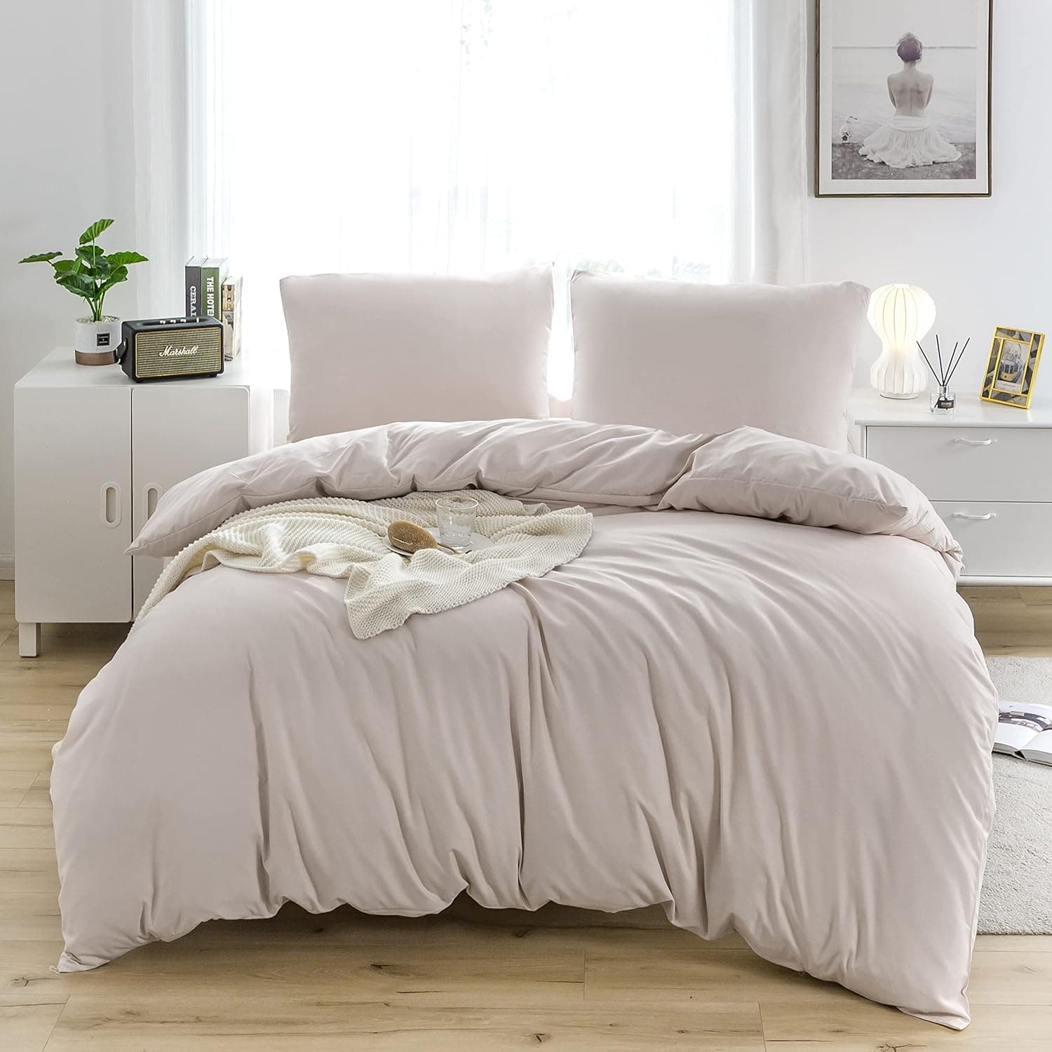 Microfiber Bettwäsche 200x200 cm + 2X Kissenbezug 80x80 cm - Weiche Flauschige Bettbezug Set, 3 teilig, Beige
