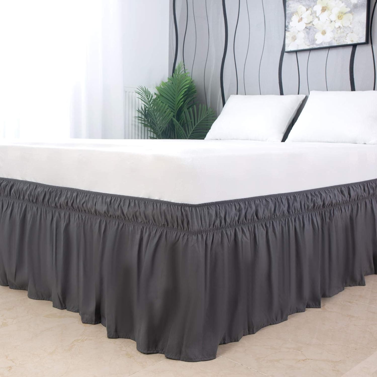 AYASW Wrap Around Bed Skirts 15 Inch Drop with Elastic No Top Cover Dust Ruffles Queen-King Size Grey