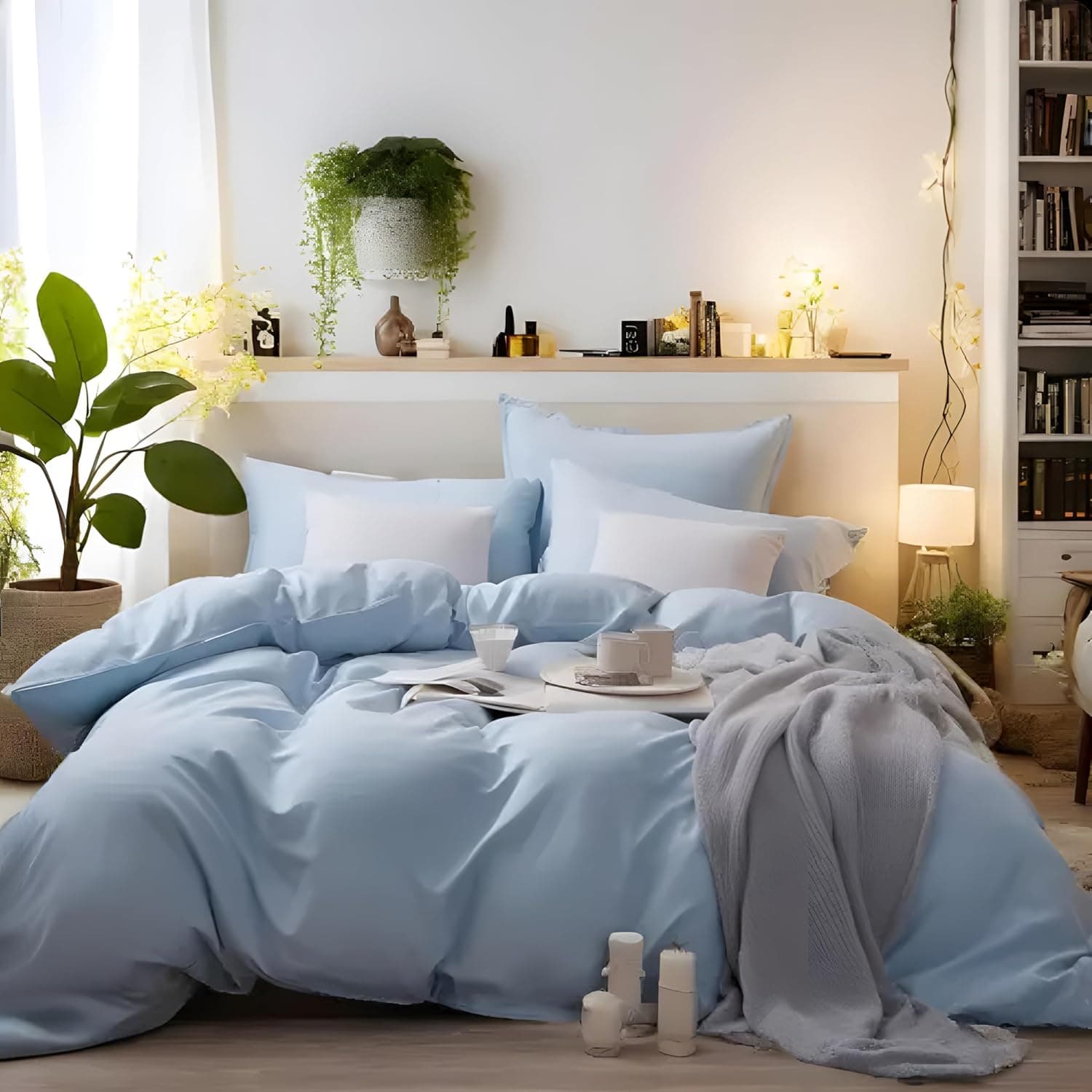 AYSW Warm Bedding Double Duvet Cover Set 3 PCS Plain Brushed Microfiber Bedding 1 Duvet Cover with 2 Zippers and 2 Pillowcases Light Blue