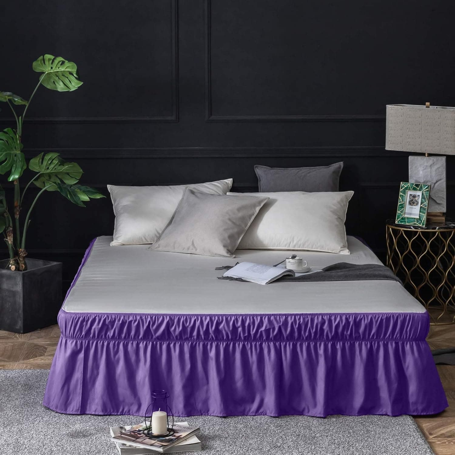 AYASW Wrap Around Bed Skirts 15 Inch Drop with Elastic No Top Cover Dust Ruffles Queen-King Size Purple