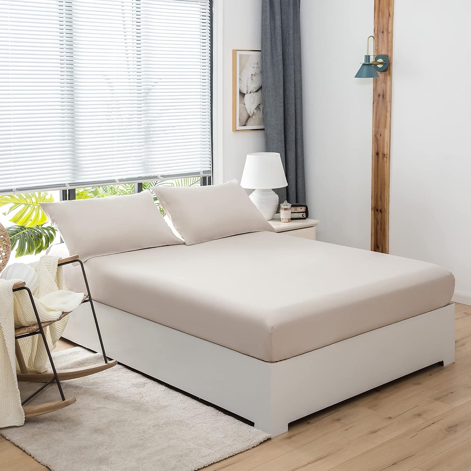 AYSW Sheet Cover 180x200 cm avec Bonnet 30cm Beige en Microfiber