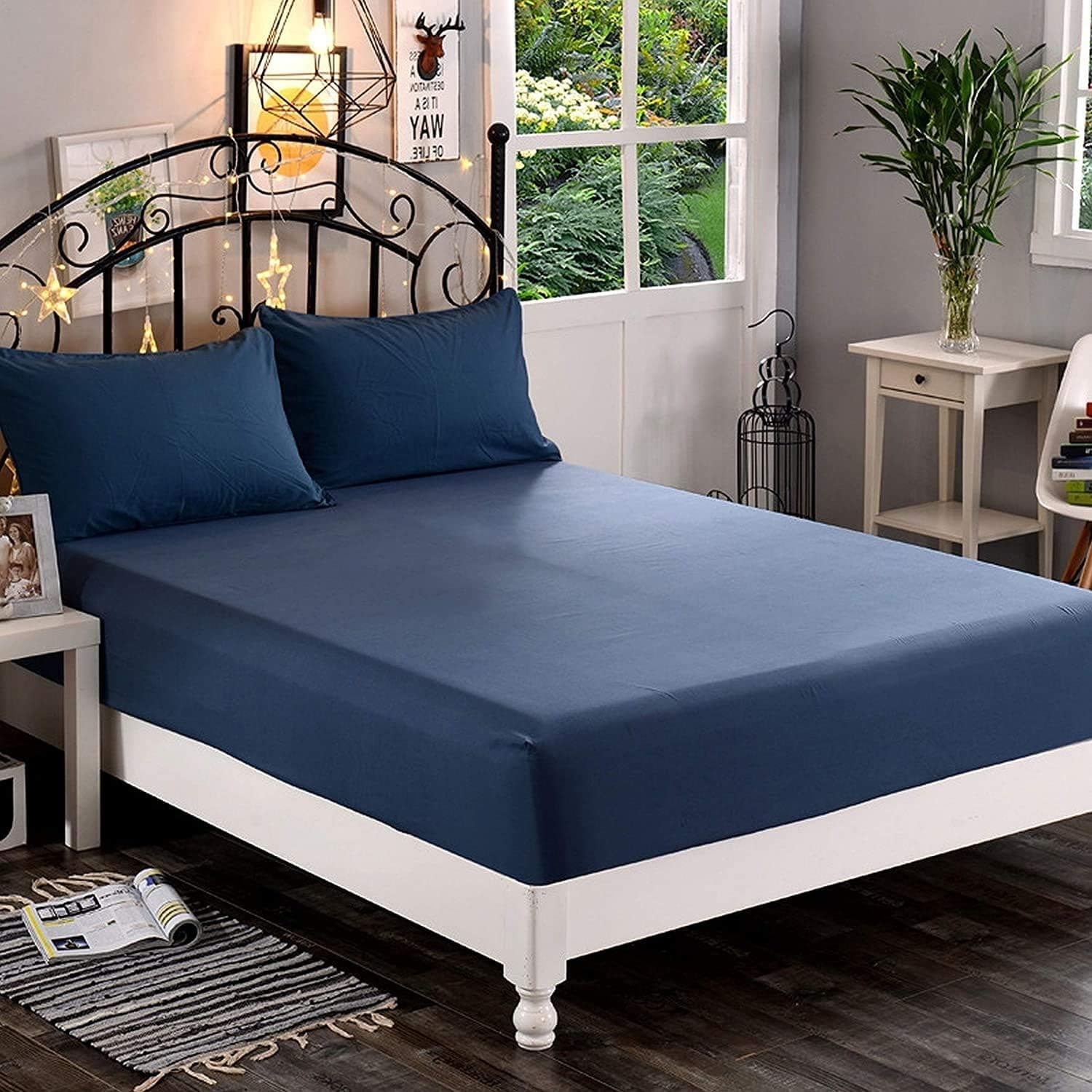 AYSW Sheet Cover 140x190-200 cm avec Bonnet 30cm Blue Marine en Microfiber