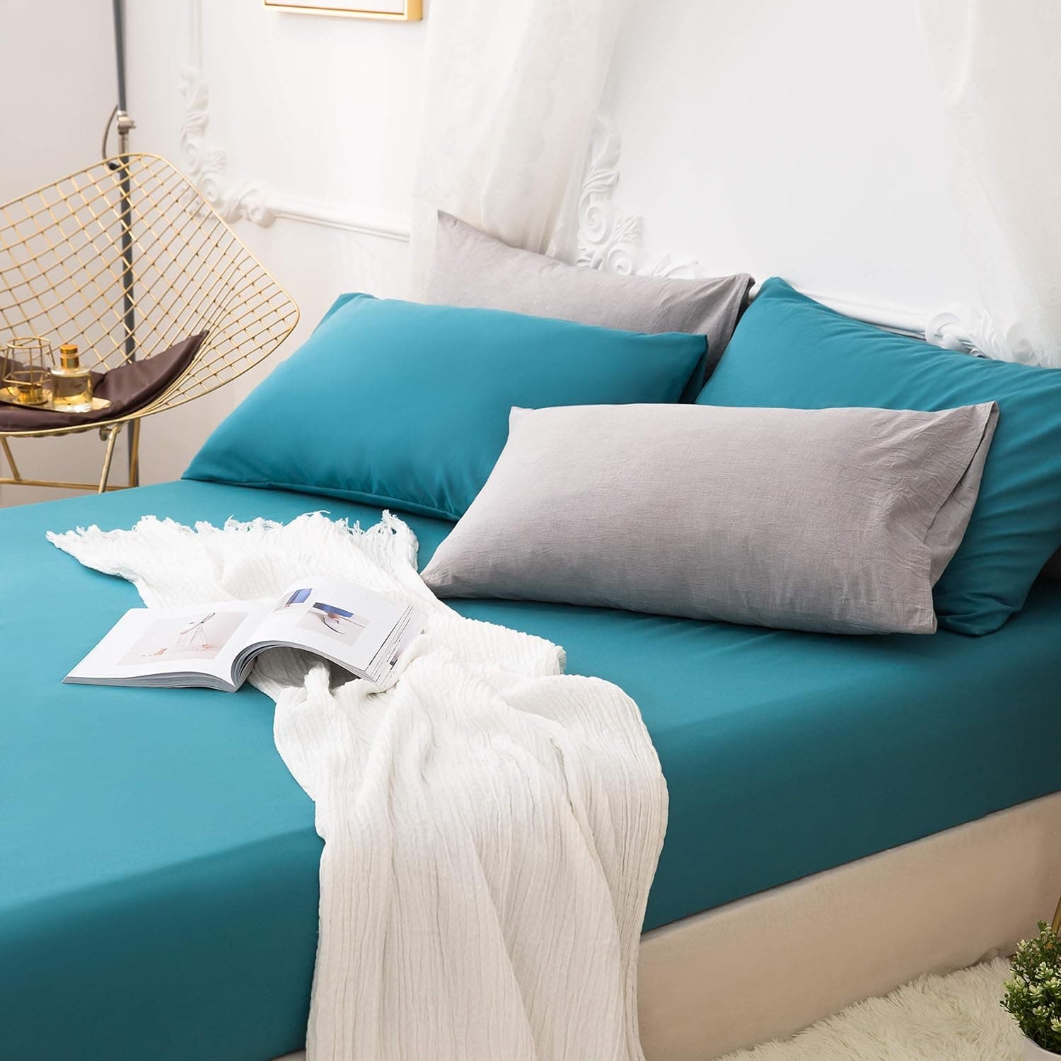 L&son Fitted Bottom Sheet Full Teal Premium Brushed Microfiber Ultra-Soft Shrink and Fade Resistant Elastic All Around Deep Pocket