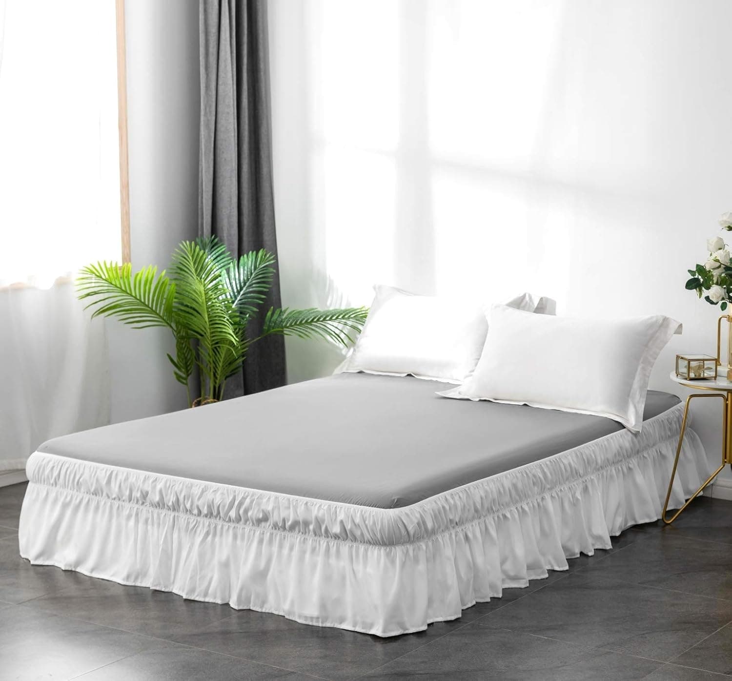 AYASW Wrap Around Bed Skirts 15 Inch Drop with Elastic No Top Cover Dust Ruffles Queen-King Size White