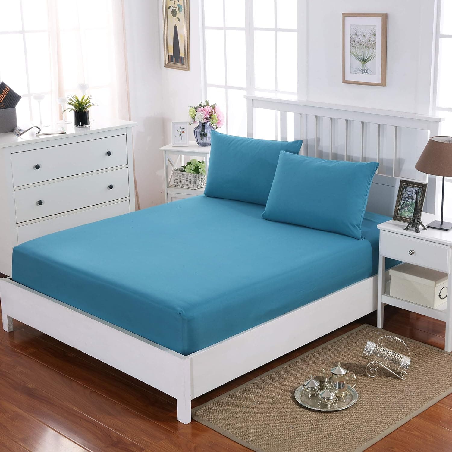 AYSW Sheet Cover 140x190-200 cm avec Bonnet 30cm Lac Blue en Microfiber