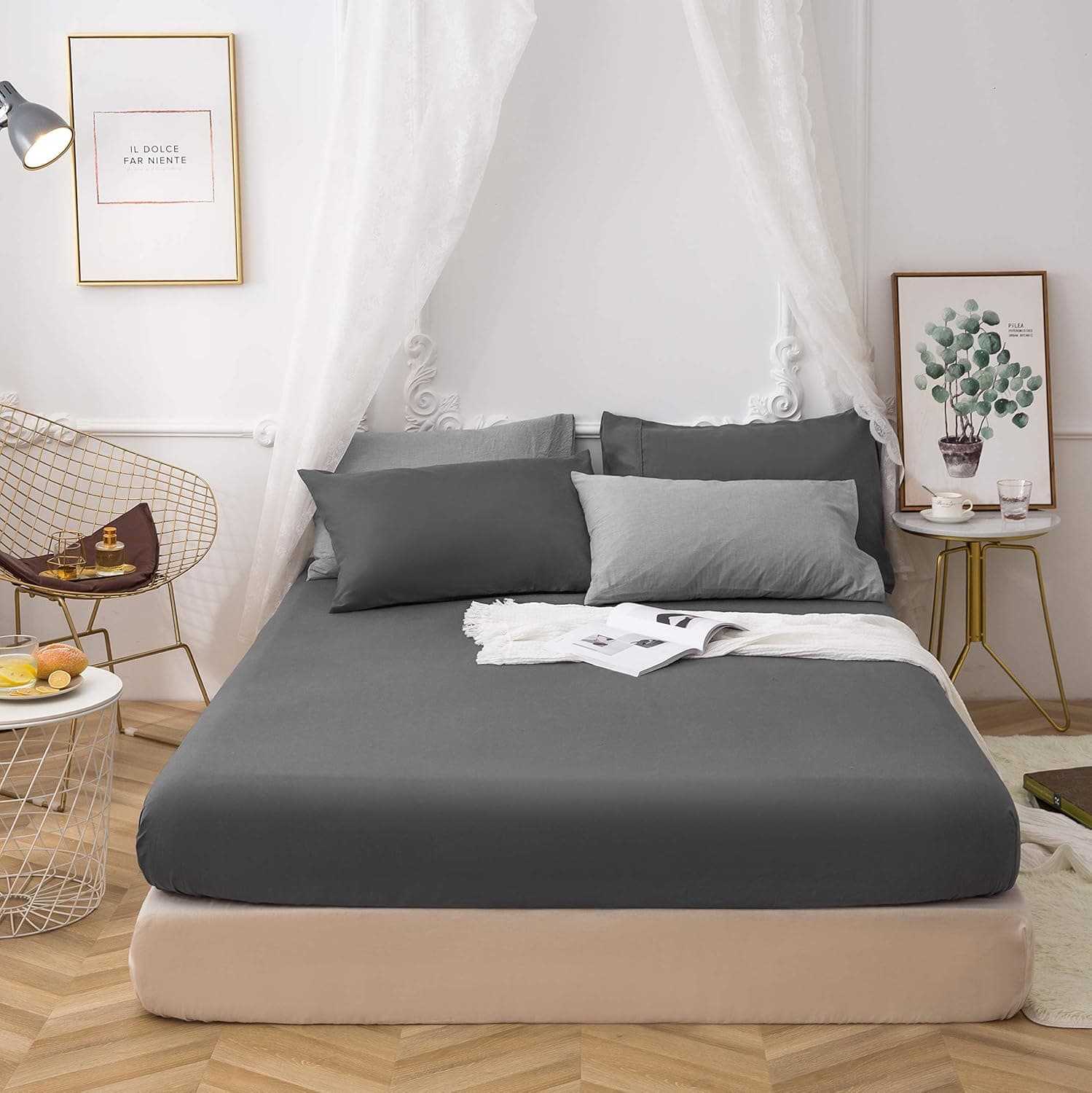 Lenzuolo con Angoli, Elasticizzati in Microfibra, 140x200x30cm, Grigio Scuro
