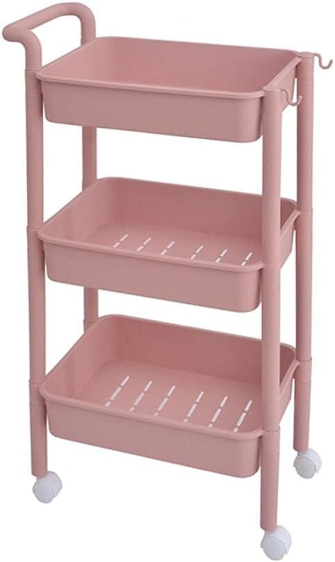 Chariot de cuisine à 3 étages avec roulettes et paniers - Chariot multi-usages avec poignée et roulettes verrouillables pour cuisine, chambre, salle de bain, bureau et salon (pink)