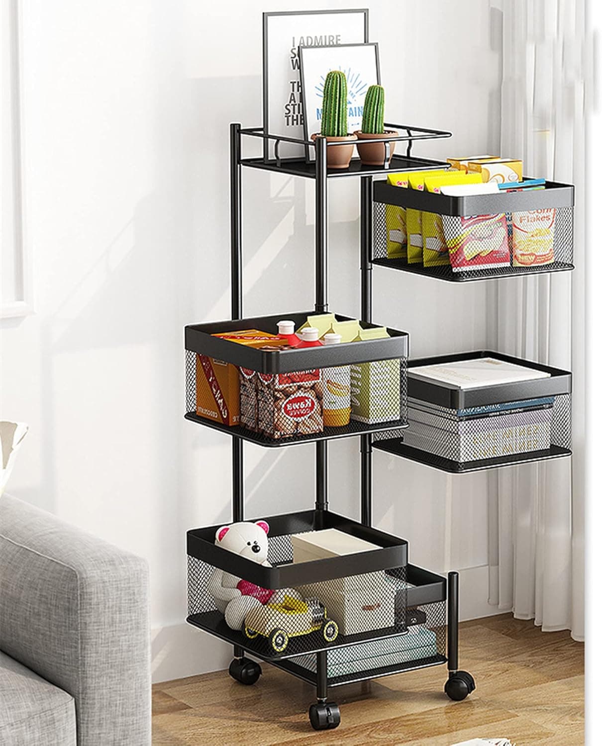 Étagère de cuisine carrée rotative avec roulettes, chariot de rangement mobile pour la cuisine, la salle de bain et le bureau pour fruits, légumes, livres et outils (5 couches)